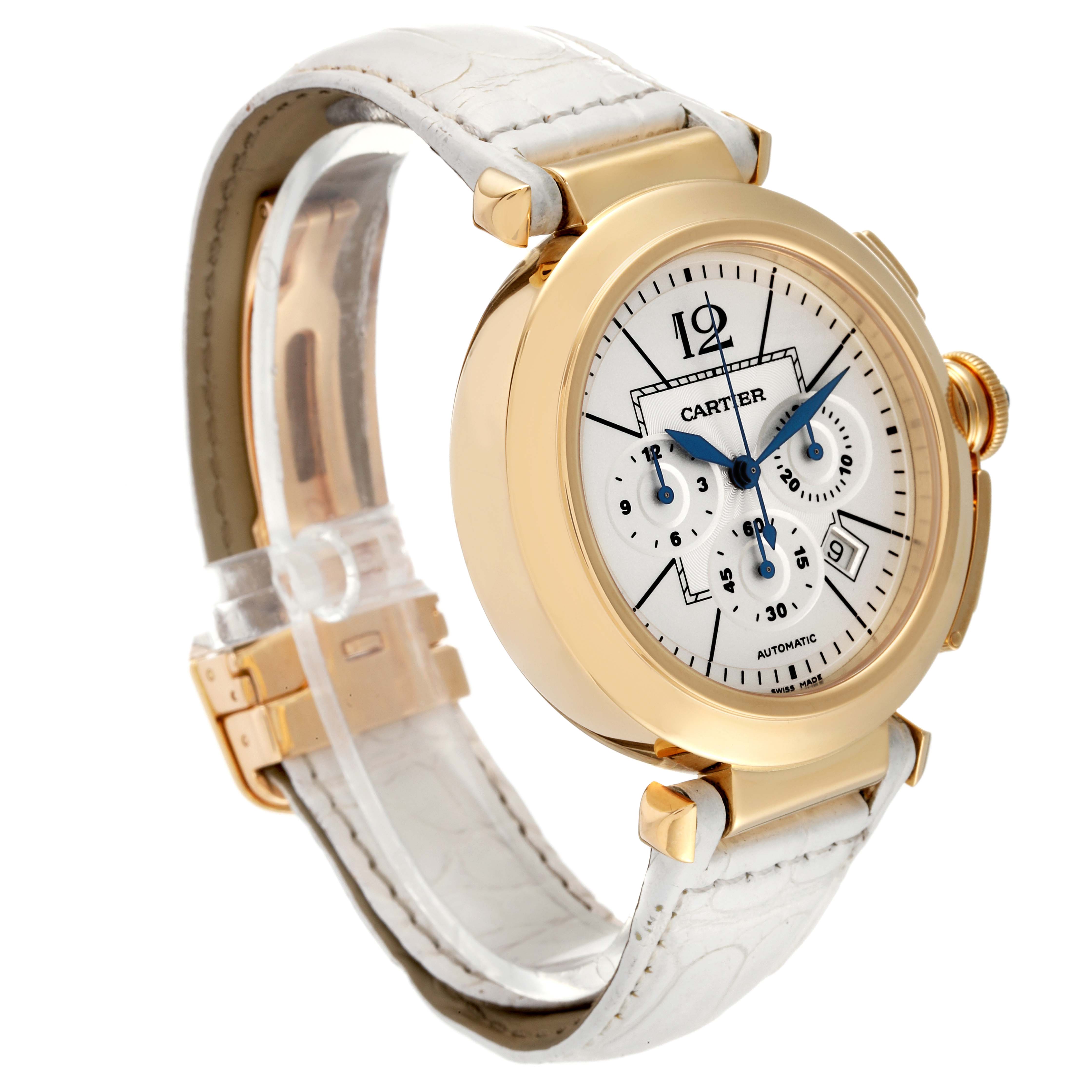 The image shows a side-angle view of a Cartier Pasha W3020151 Men's Yellow Gold Silver Dial W3020151 Men's Yellow Gold Silver Dial watch, highlighting its dial, case, and strap.