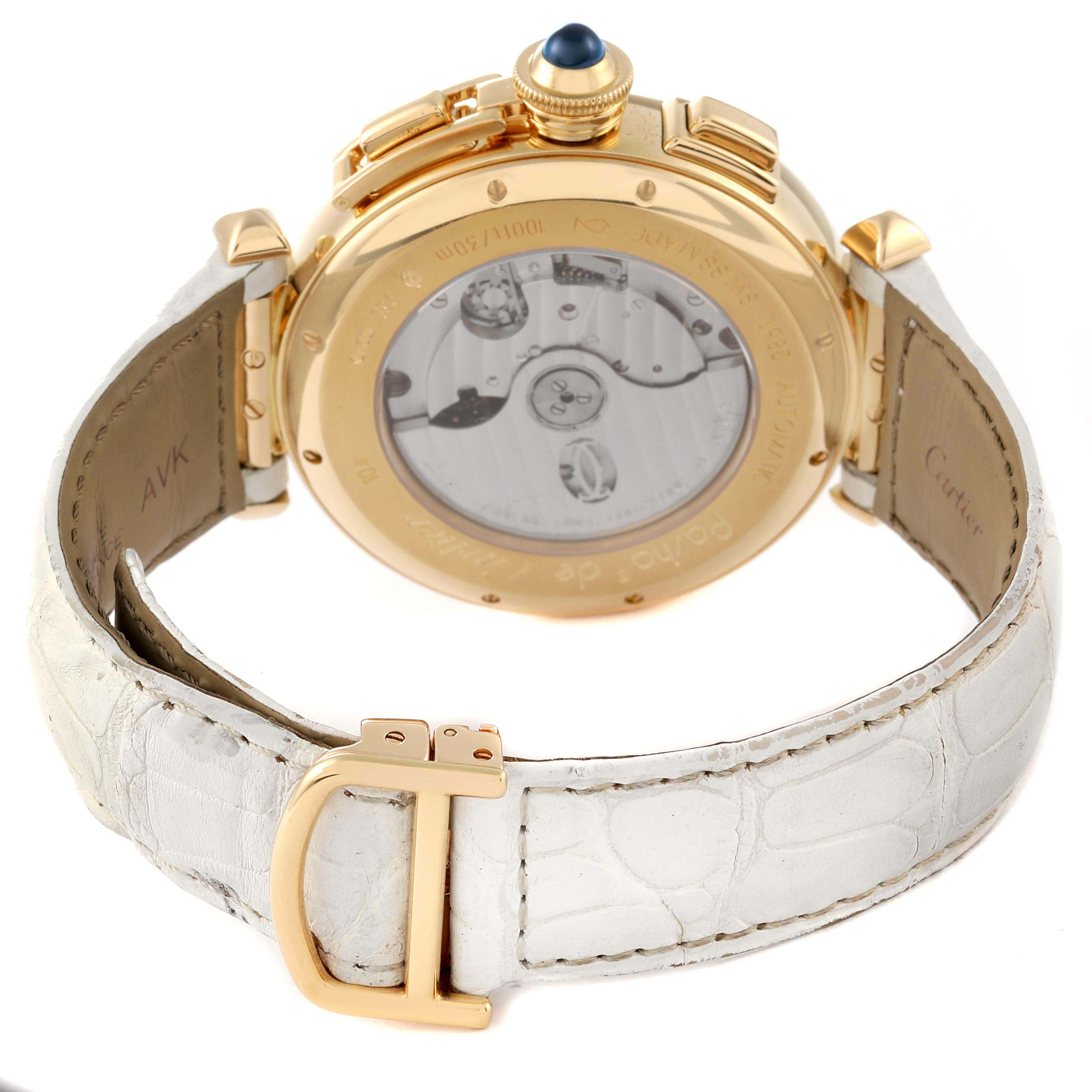 The image shows the back view of a Cartier Pasha W3020151 Men's Yellow Gold Silver Dial W3020151 Men's Yellow Gold Silver Dial watch, highlighting its gold case, visible mechanism, and white leather strap with buckle.
