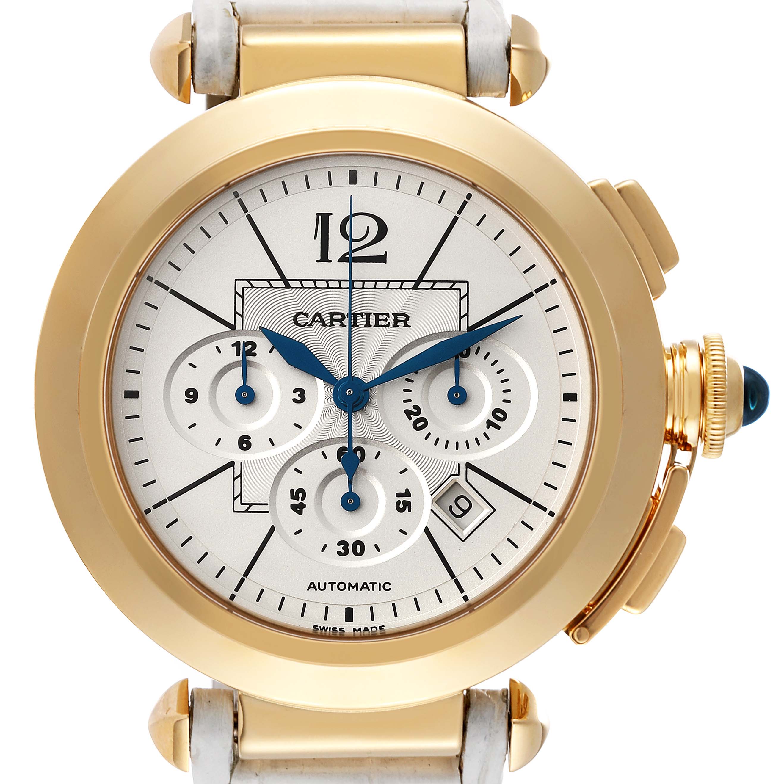 The image shows a frontal view of a Cartier Pasha W3020151 Men's Yellow Gold Silver Dial W3020151 Men's Yellow Gold Silver Dial watch, highlighting its face, hands, subdials, and crown.