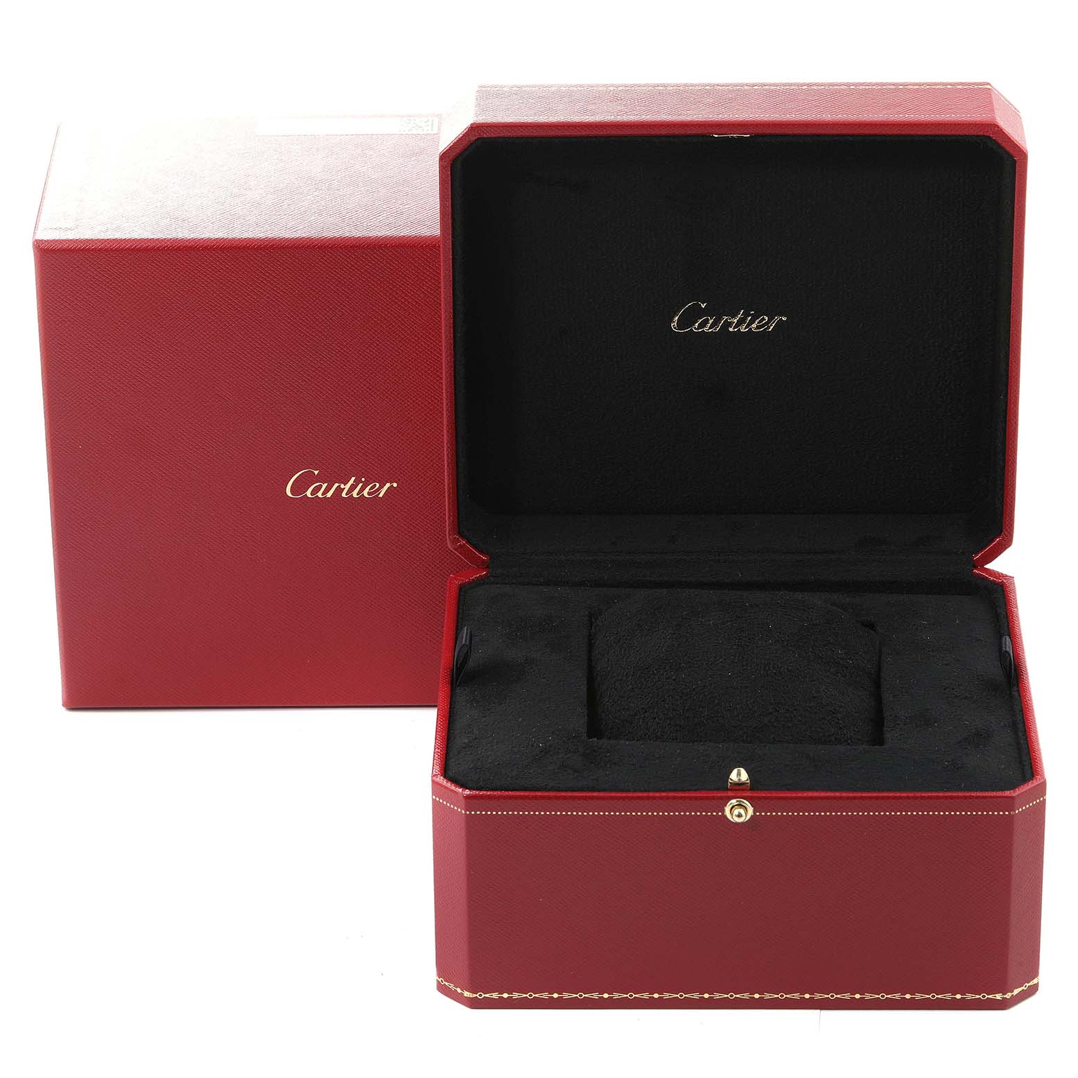 The image shows an open red Cartier box, likely for a Pasha model watch, displaying the interior and the brand's logo.