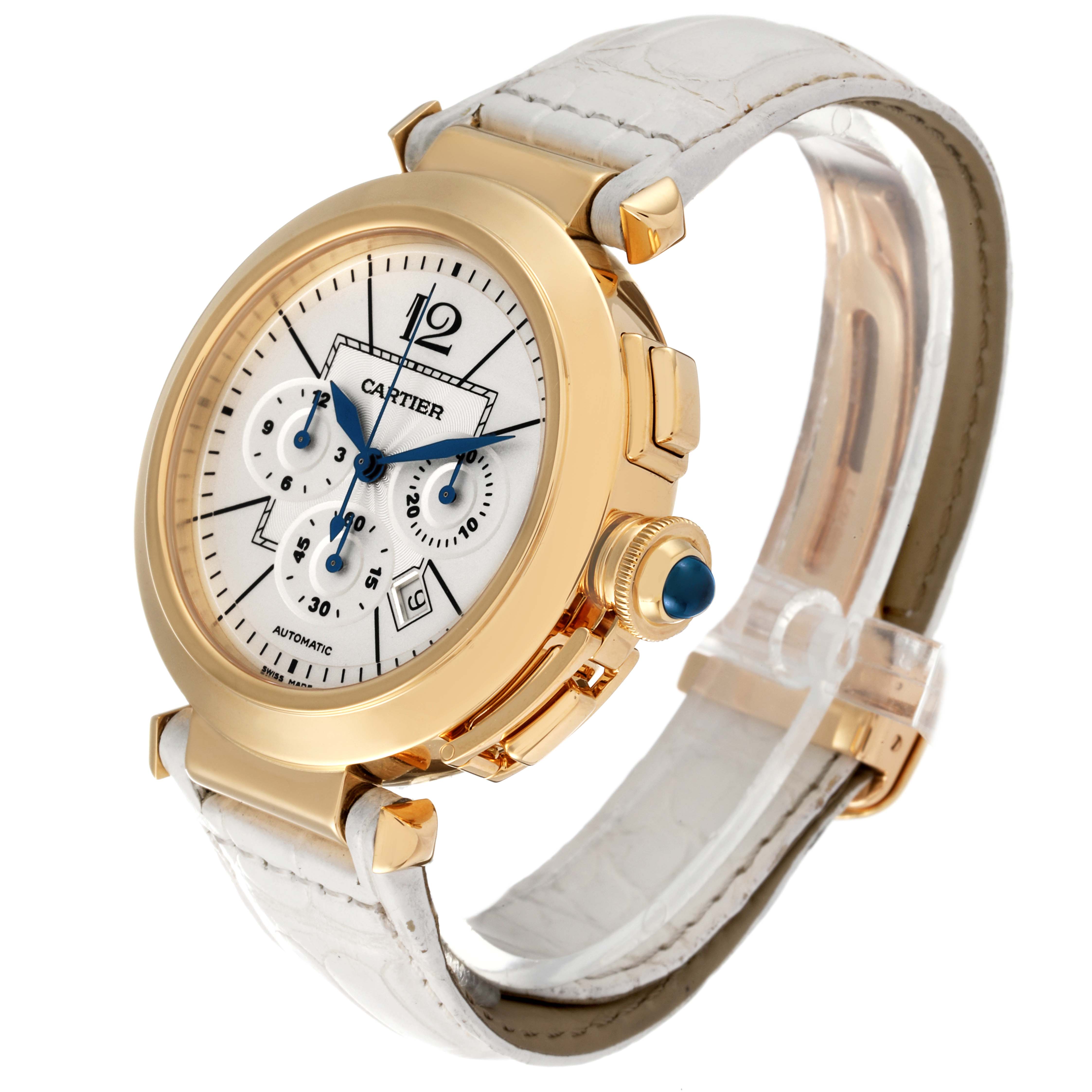 The Cartier Pasha W3020151 Men's Yellow Gold Silver Dial W3020151 Men's Yellow Gold Silver Dial watch is shown at a three-quarter angle, displaying the face, crown, and leather strap.