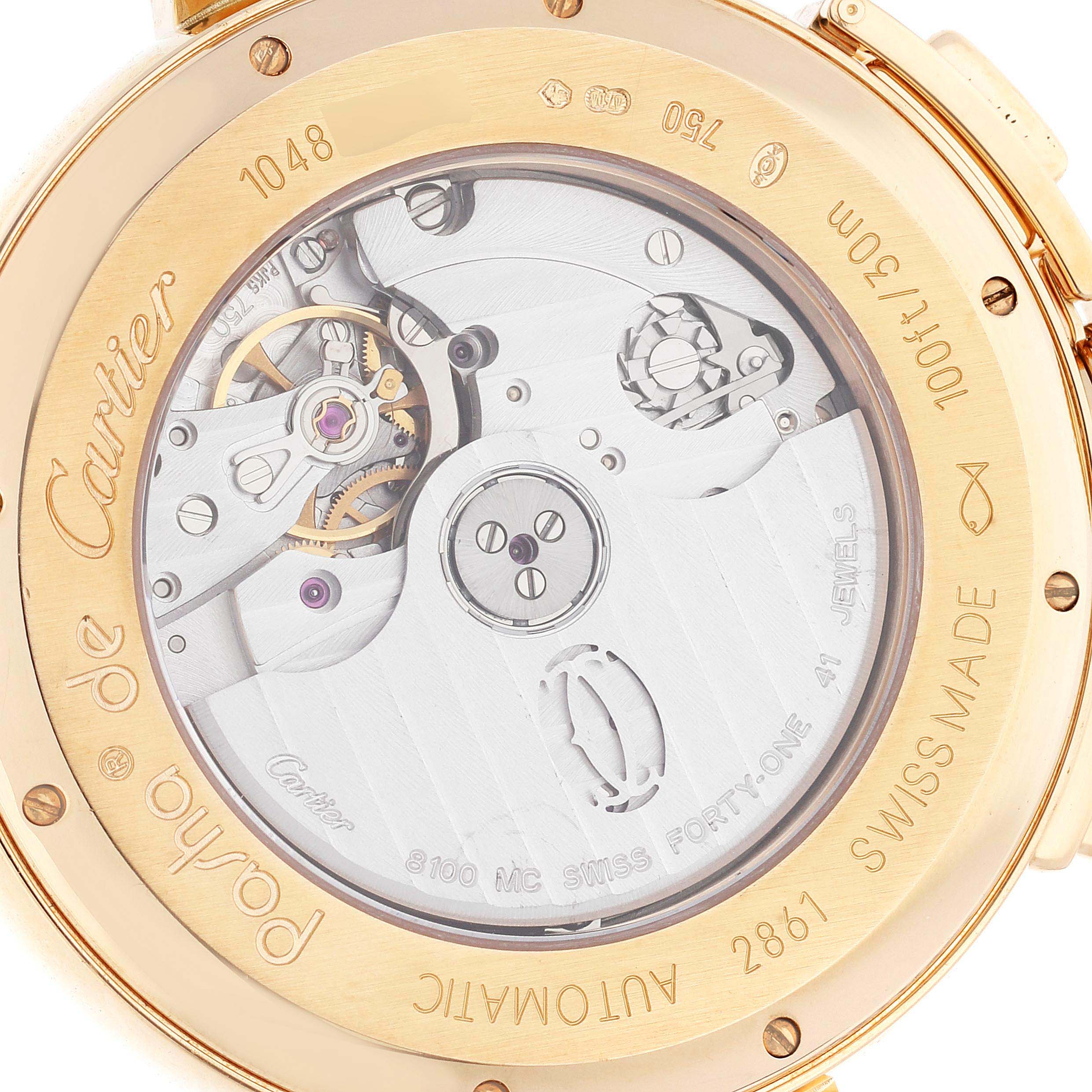 The image shows the back of the Cartier Pasha W3020151 Men's Yellow Gold Silver Dial W3020151 Men's Yellow Gold Silver Dial watch, focusing on its automatic movement and internal mechanics.