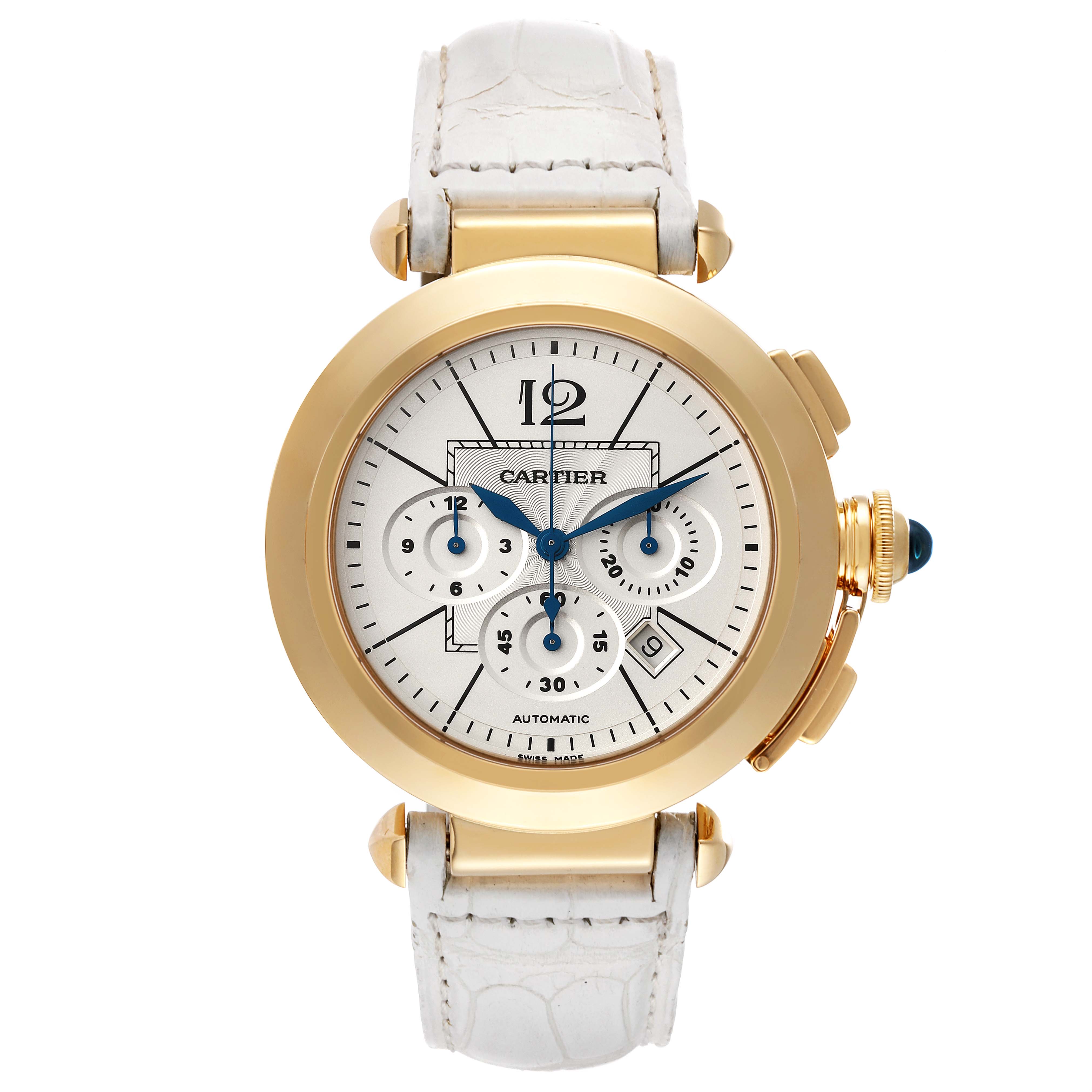 The image shows a front view of the Cartier Pasha W3020151 Men's Yellow Gold Silver Dial W3020151 Men's Yellow Gold Silver Dial watch, highlighting its white dial, gold case, and white leather strap.