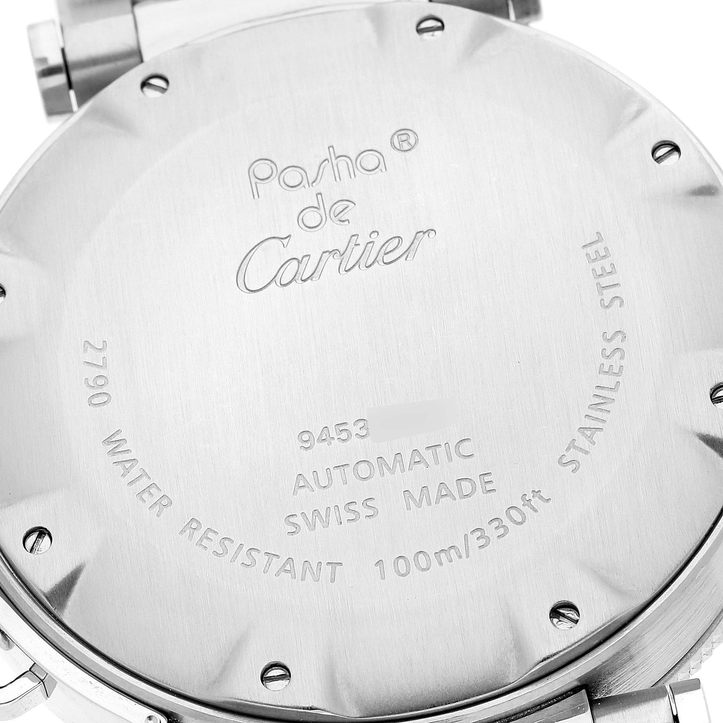 The image shows the back case of a Cartier Pasha W31080M7 Men's Stainless Steel Silver Dial W31080M7 Men's Stainless Steel Silver Dial watch, displaying model details and specifications.