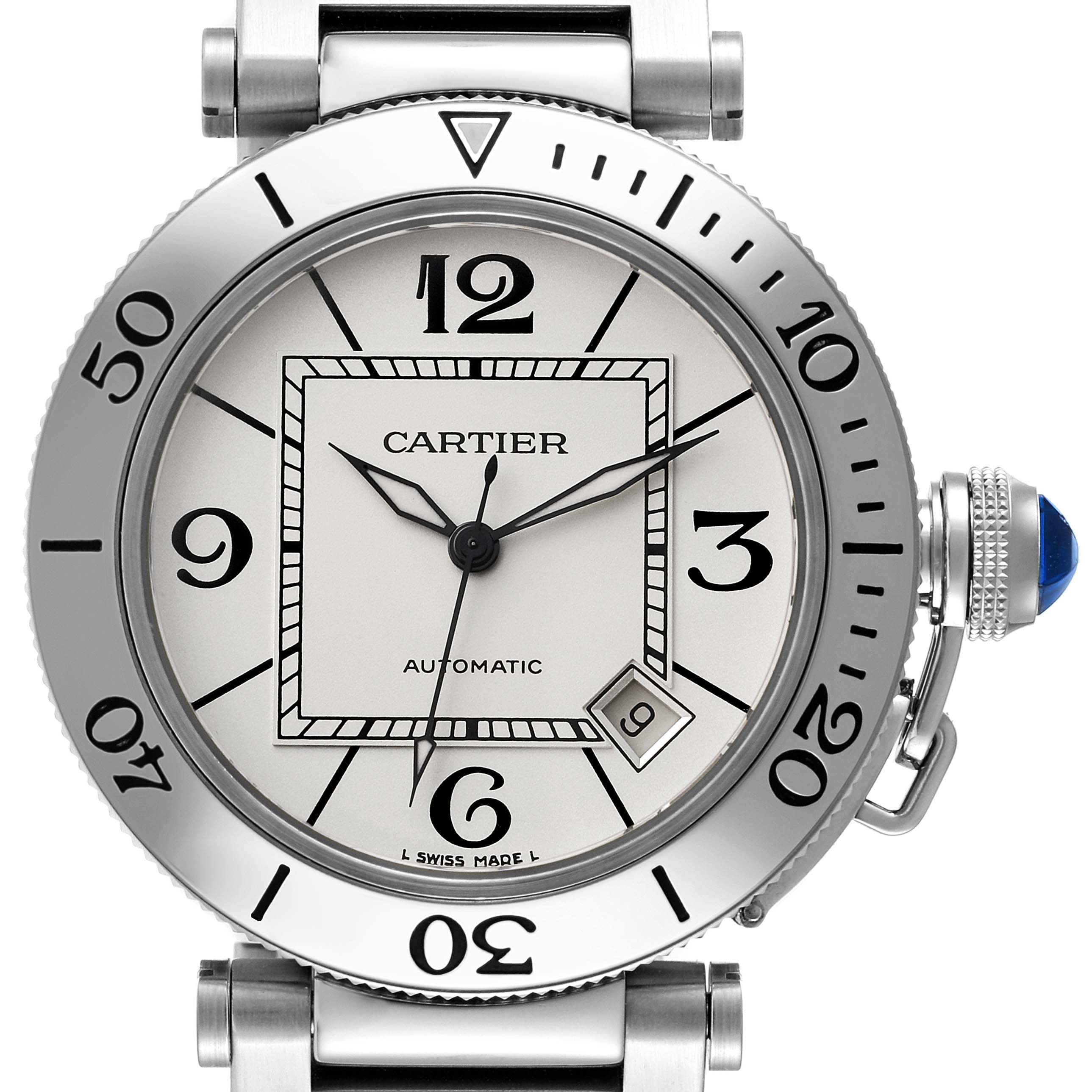 The image shows a close-up, front view of a Cartier Pasha W31080M7 Men's Stainless Steel Silver Dial W31080M7 Men's Stainless Steel Silver Dial model watch, highlighting its dial, bezel, and crown.