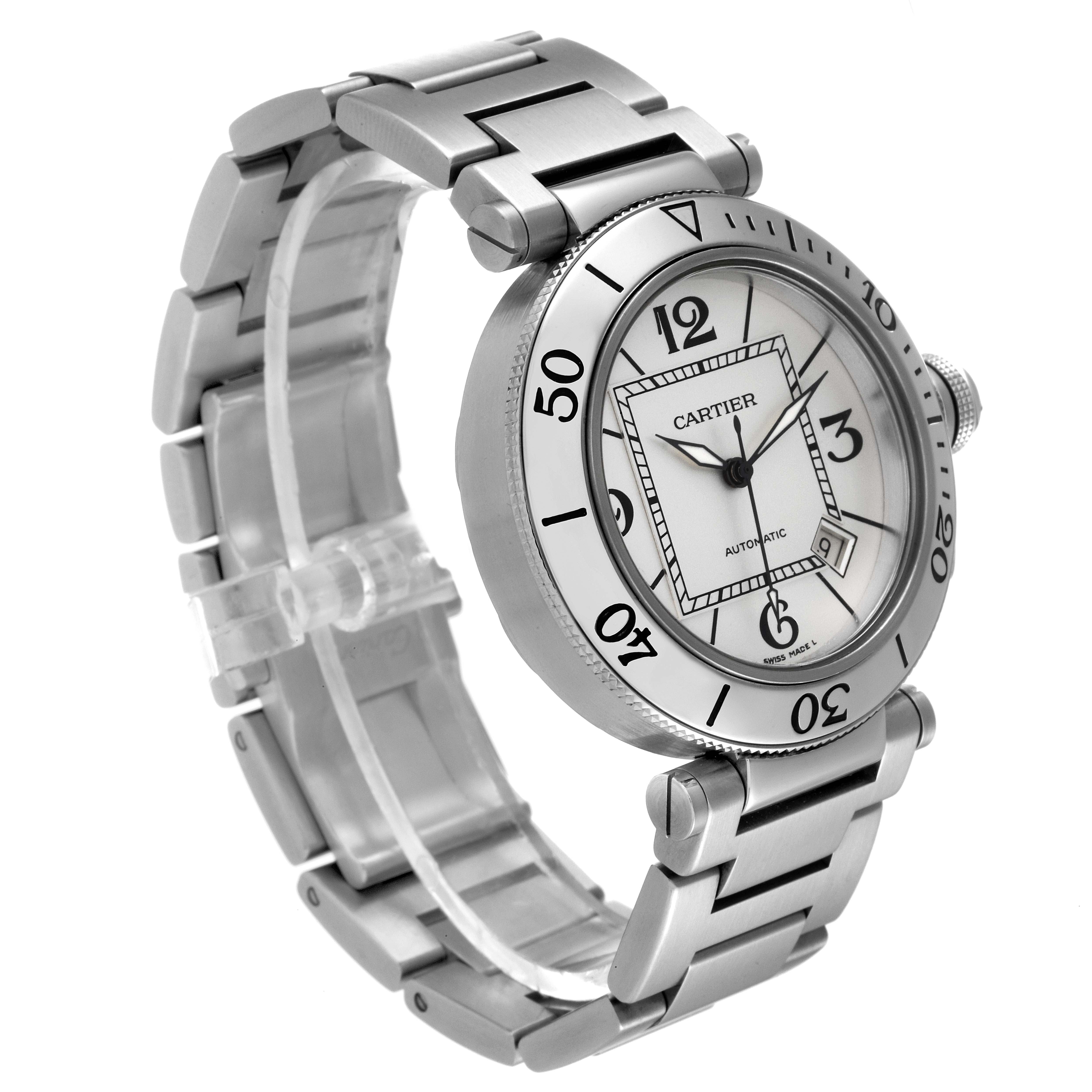 This Cartier Pasha W31080M7 Men's Stainless Steel Silver Dial W31080M7 Men's Stainless Steel Silver Dial watch is shown at an angle highlighting the face, bezel, crown, and bracelet.