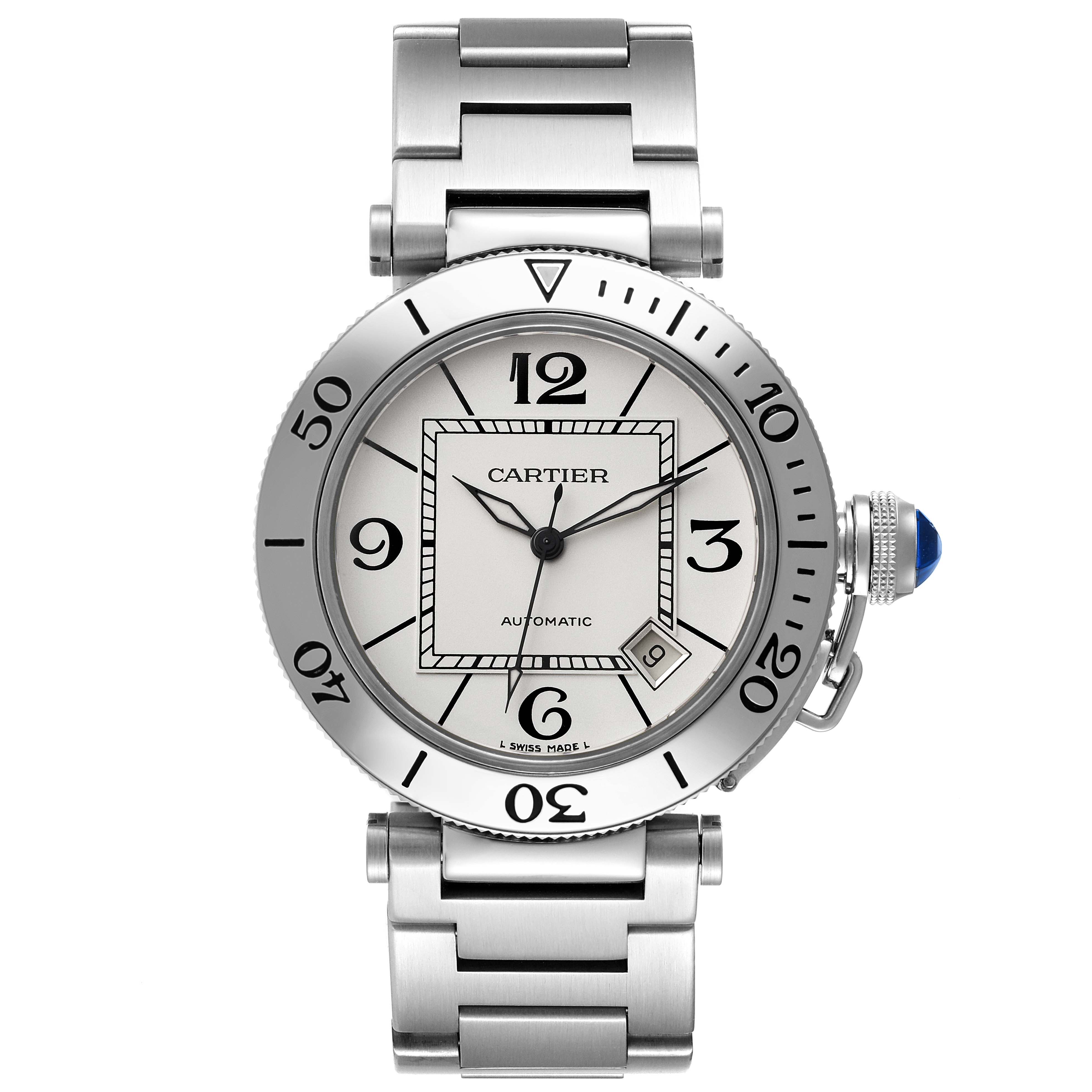 This image shows a frontal view of the Cartier Pasha W31080M7 Men's Stainless Steel Silver Dial W31080M7 Men's Stainless Steel Silver Dial watch, displaying the dial, bezel, and metal bracelet.