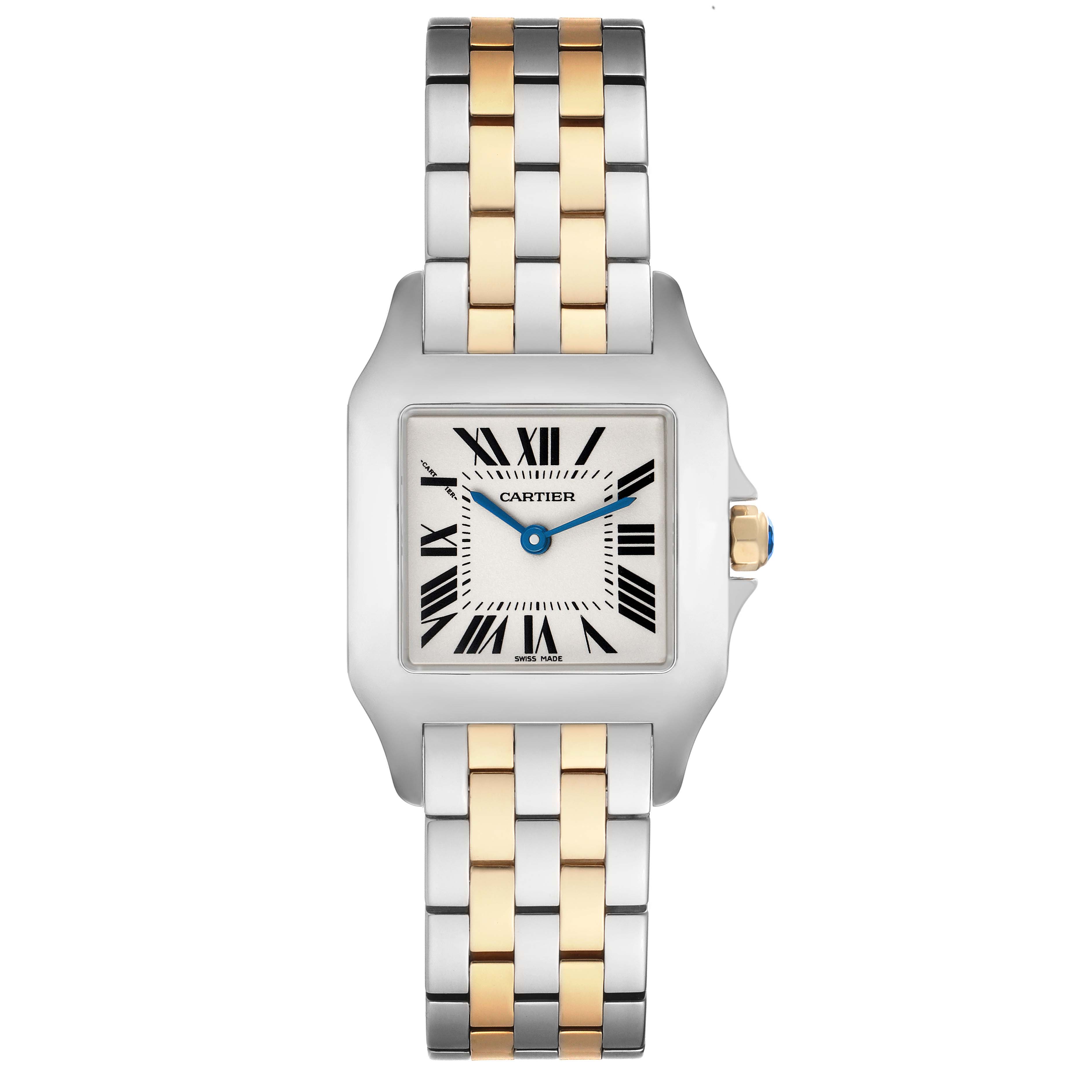 The Cartier Santos Demoiselle W25067Z6 Women's Steel and Gold (two tone) Silver Dial watch is shown from a top-down angle, highlighting its square face and two-tone bracelet.