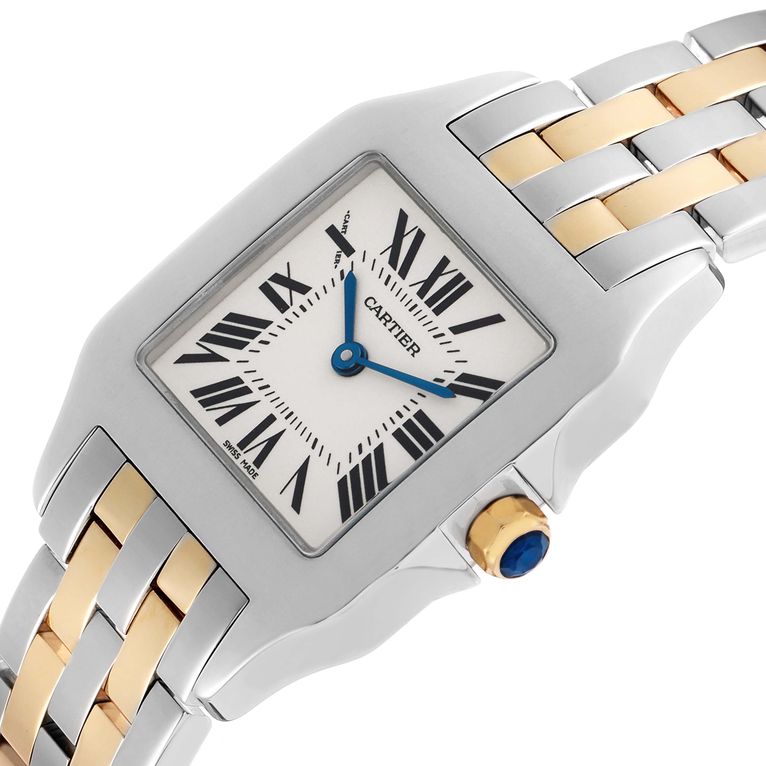 The Cartier Santos Demoiselle W25067Z6 Women's Steel and Gold (two tone) Silver Dial watch is shown at an angle highlighting its rectangular face, two-tone bracelet, and sapphire cabochon crown.