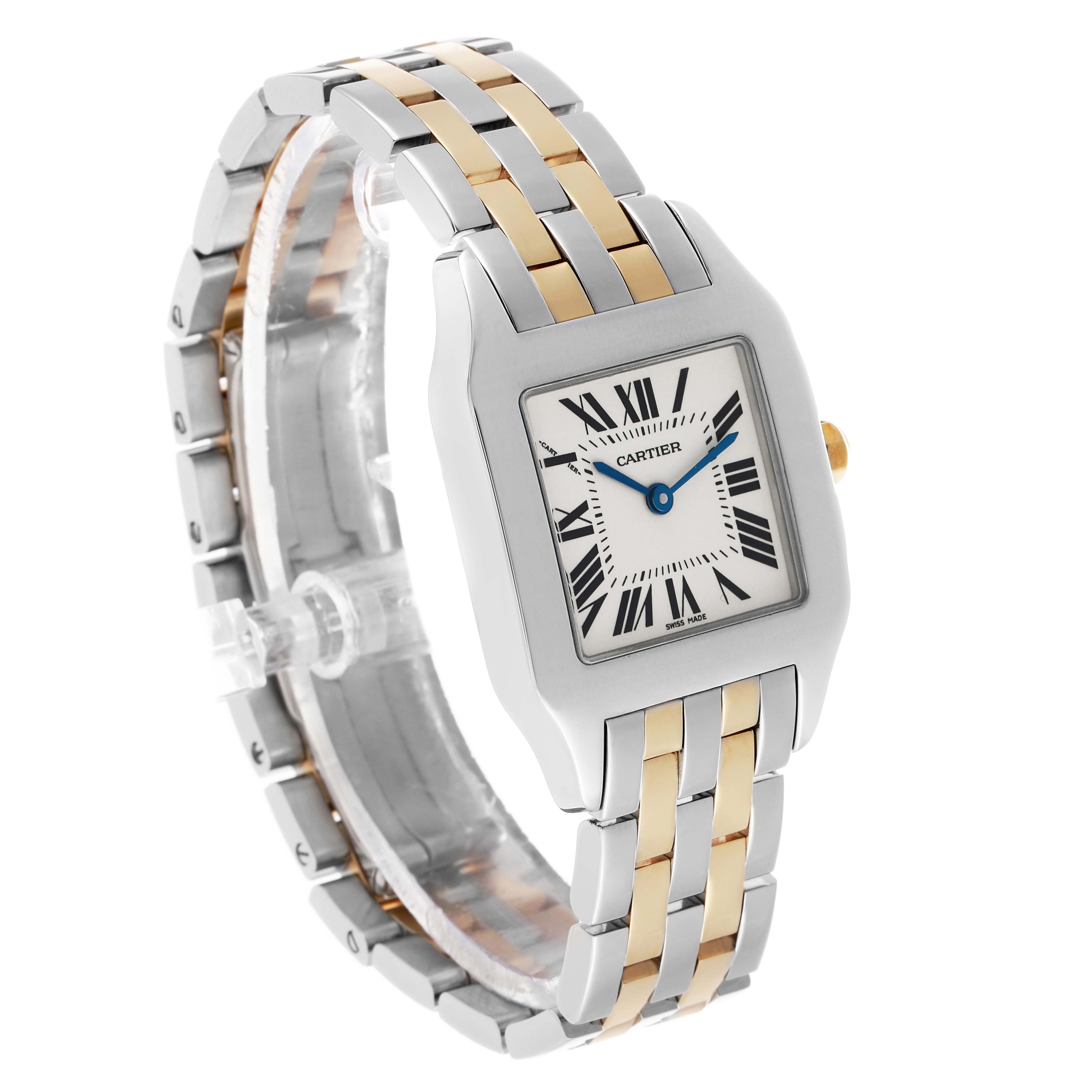 The Cartier Santos Demoiselle W25067Z6 Women's Steel and Gold (two tone) Silver Dial watch is shown at a three-quarter angle, highlighting the dial, bracelet, and two-tone links.