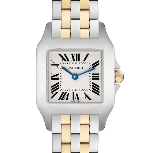 The Cartier Santos Demoiselle W25067Z6 Women's Steel and Gold (two tone) Silver Dial watch is shown from a front angle, displaying its face, bezel, and two-tone bracelet.