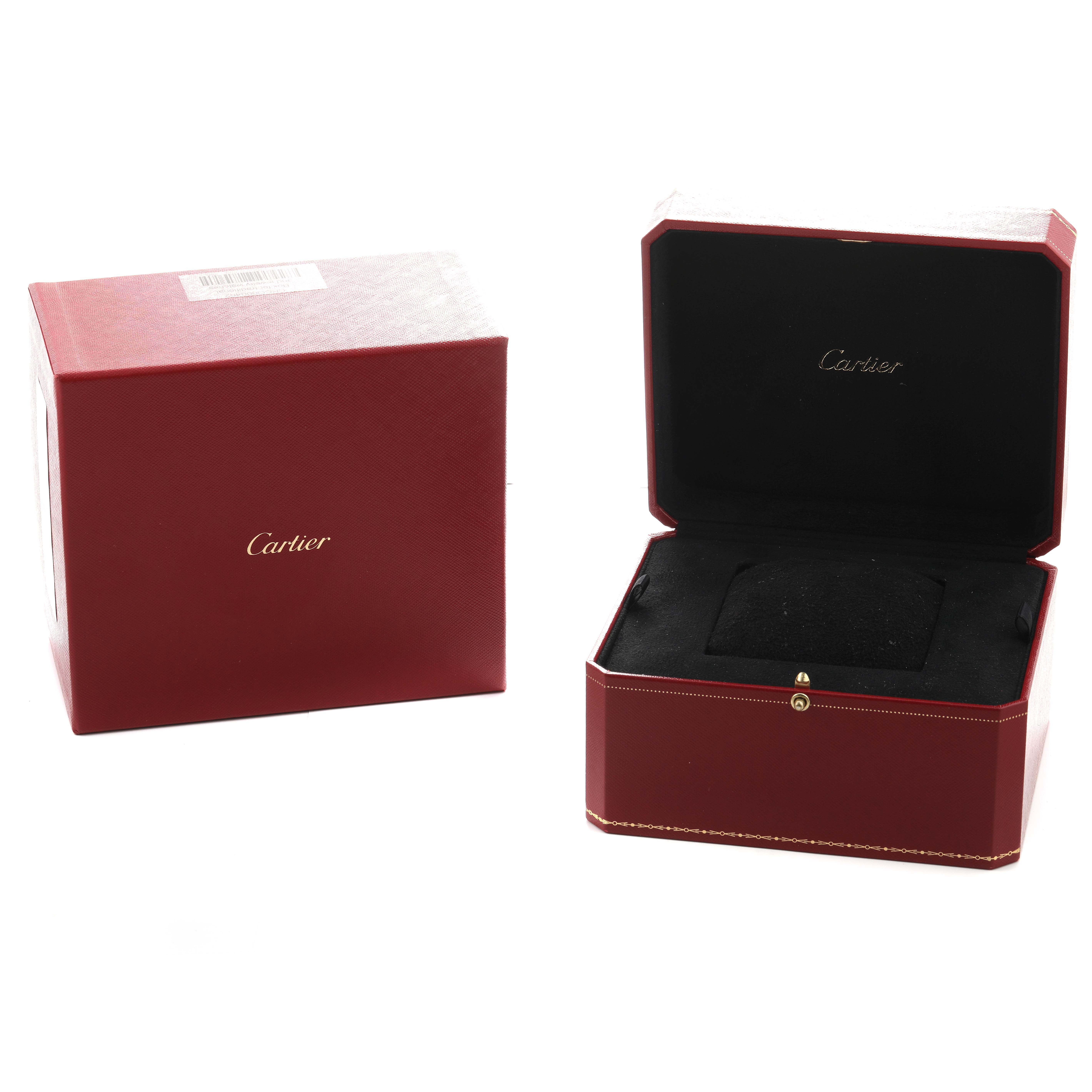 The image shows a Cartier Santos Demoiselle W25067Z6 Women's Steel and Gold (two tone) Silver Dial watch box and packaging, with the box open and the exterior box displayed.