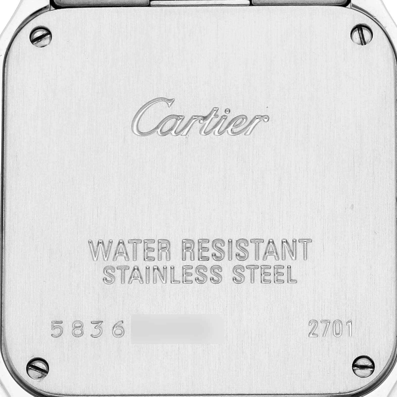 The image shows the back case of a Cartier Santos Demoiselle W25067Z6 Women's Steel and Gold (two tone) Silver Dial watch, highlighting the brand, model, and specifications.