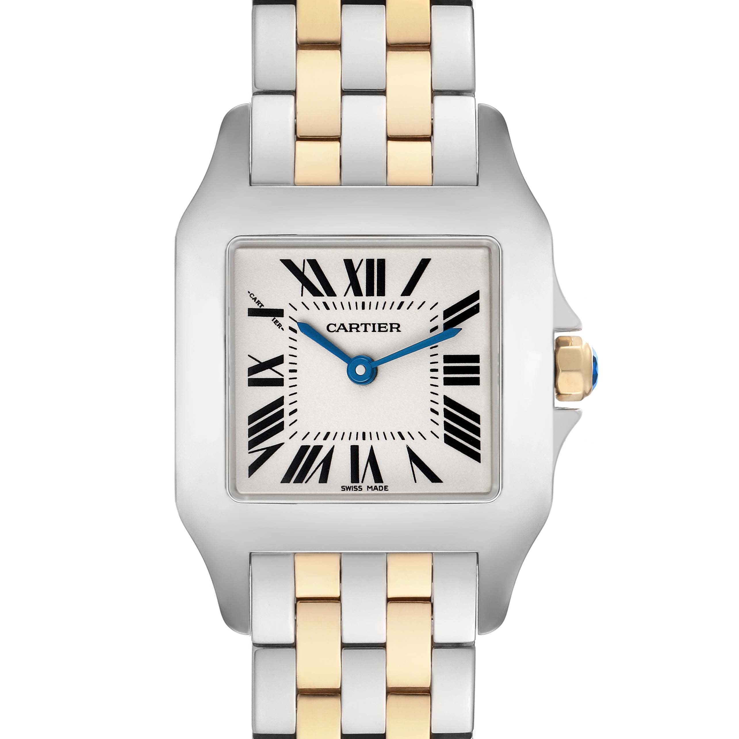 The Cartier Santos Demoiselle W25067Z6 Women's Steel and Gold (two tone) Silver Dial watch is shown from the front, displaying the face, bezel, crown, and part of the bracelet.