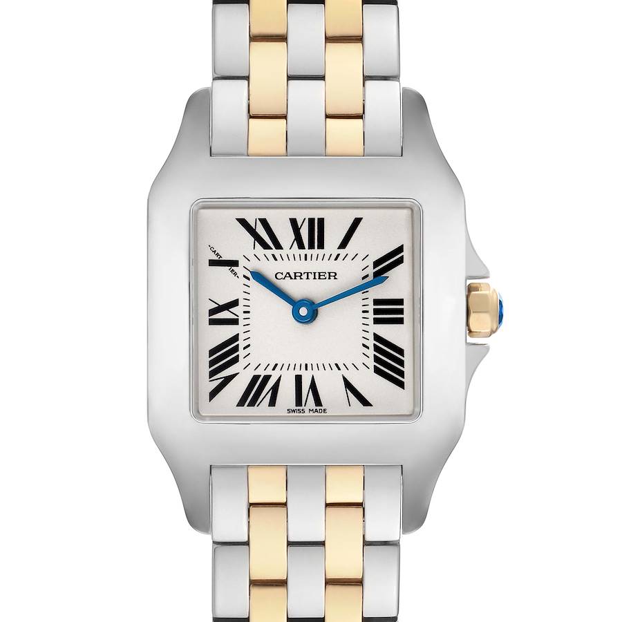 The Cartier Santos Demoiselle W25067Z6 Women's Steel and Gold (two tone) Silver Dial watch is shown from the front, displaying the face, bezel, crown, and part of the bracelet.