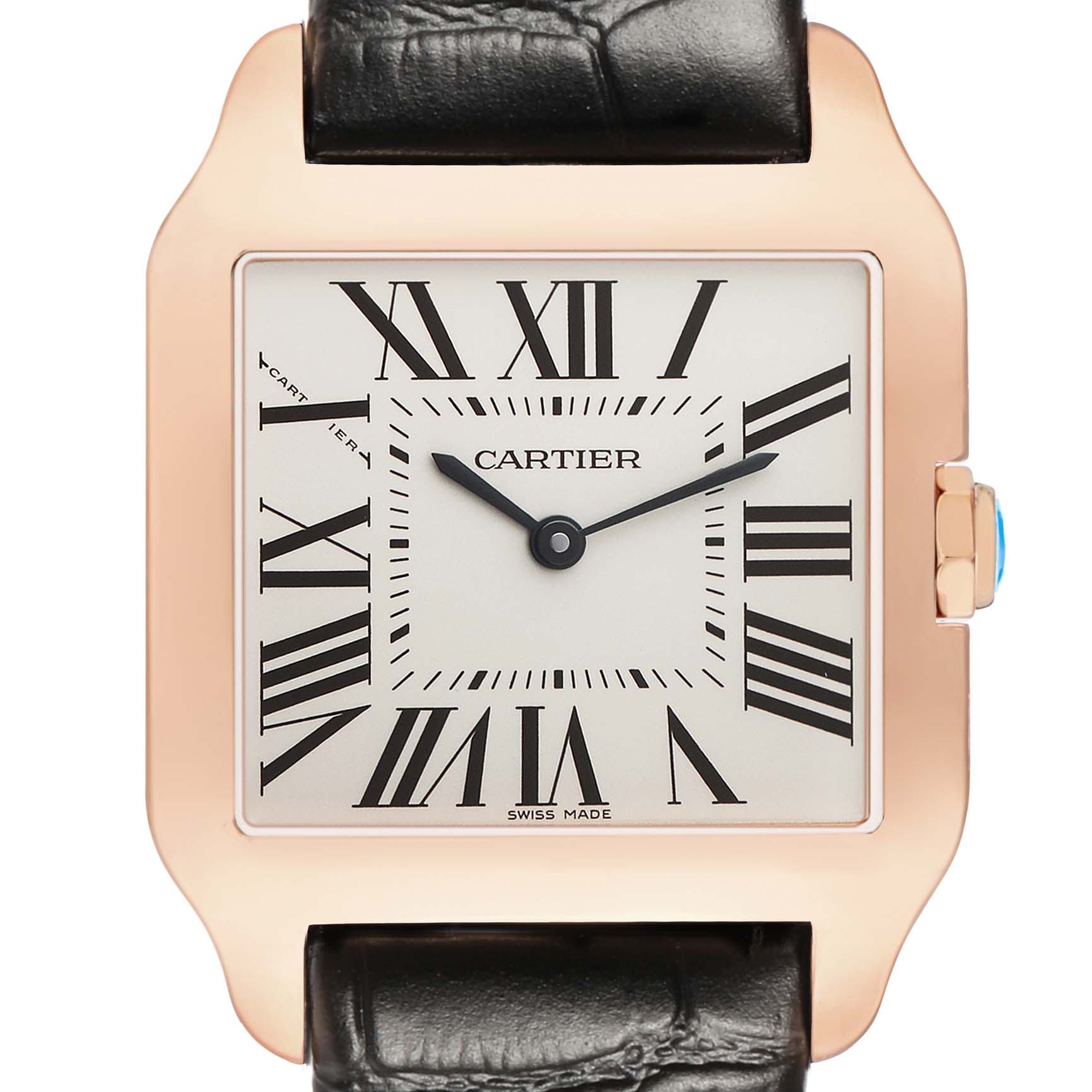 This image shows a front view of the Cartier Santos Dumont W2009251 Men's Rose Gold Silver Dial watch, highlighting its square face, Roman numerals, and leather strap.