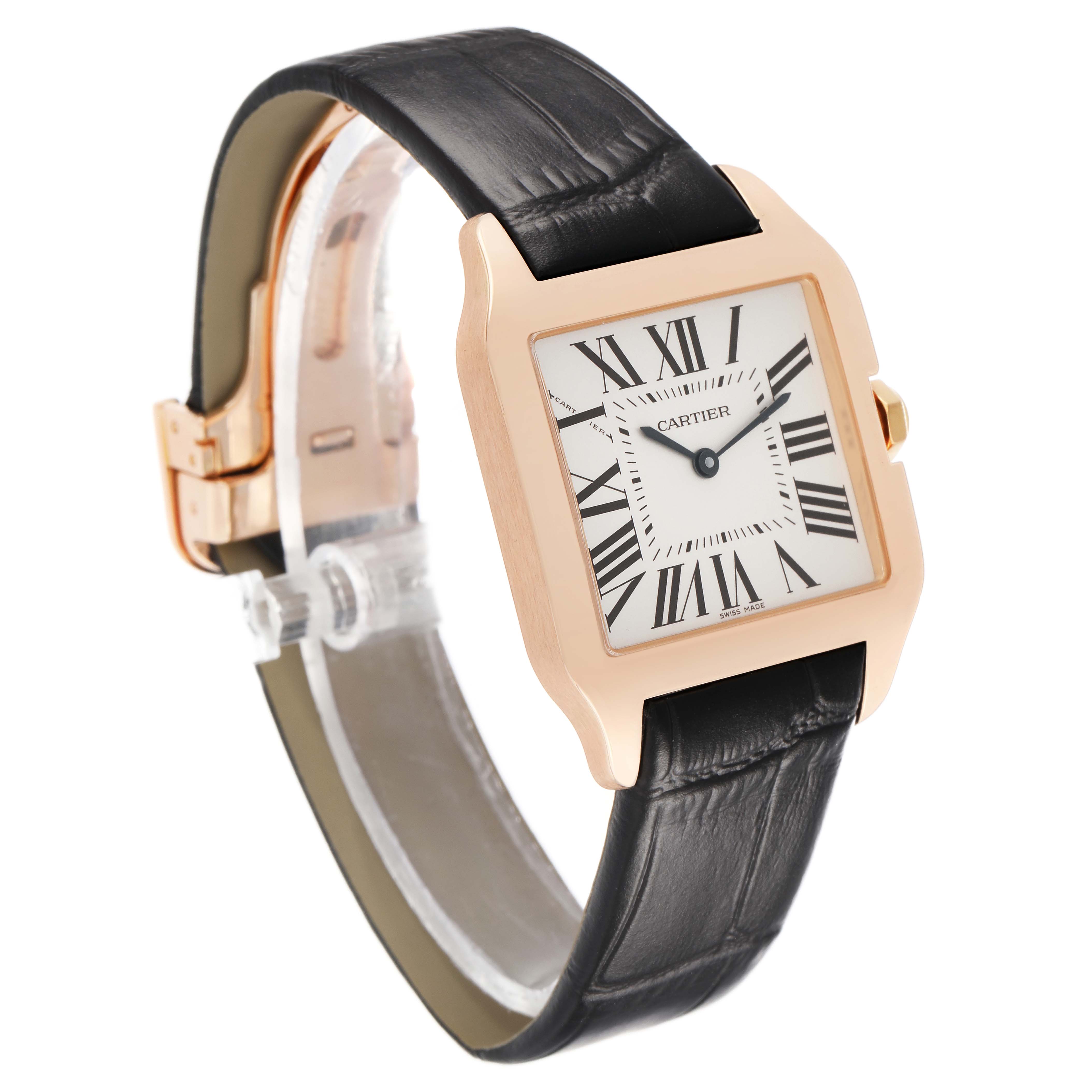 The Cartier Santos Dumont W2009251 Men's Rose Gold Silver Dial watch is shown at a slightly tilted angle, displaying the face, bezel, and strap.