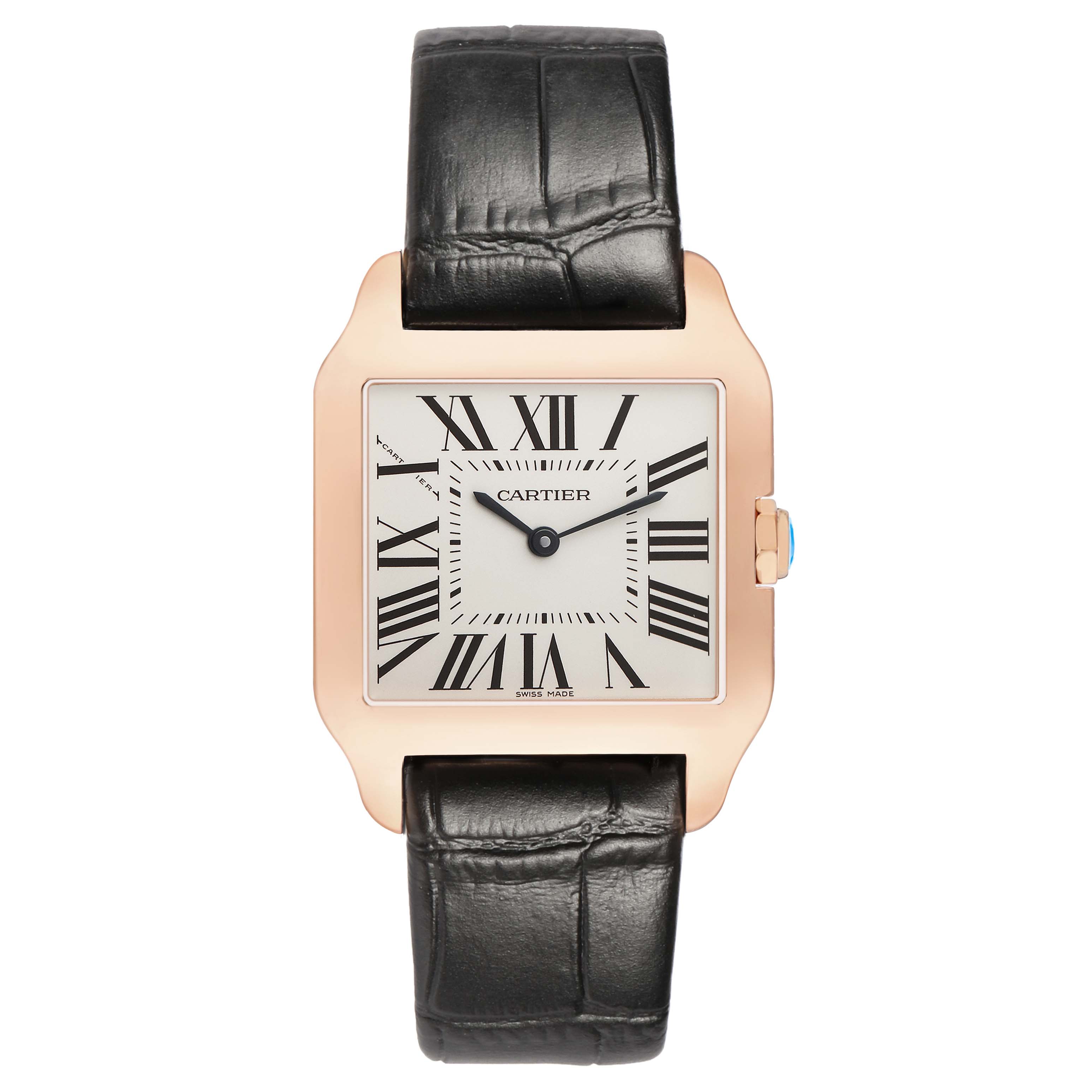 The Cartier Santos Dumont W2009251 Men's Rose Gold Silver Dial watch is shown from a top view, displaying its square face, Roman numerals, and black leather strap.