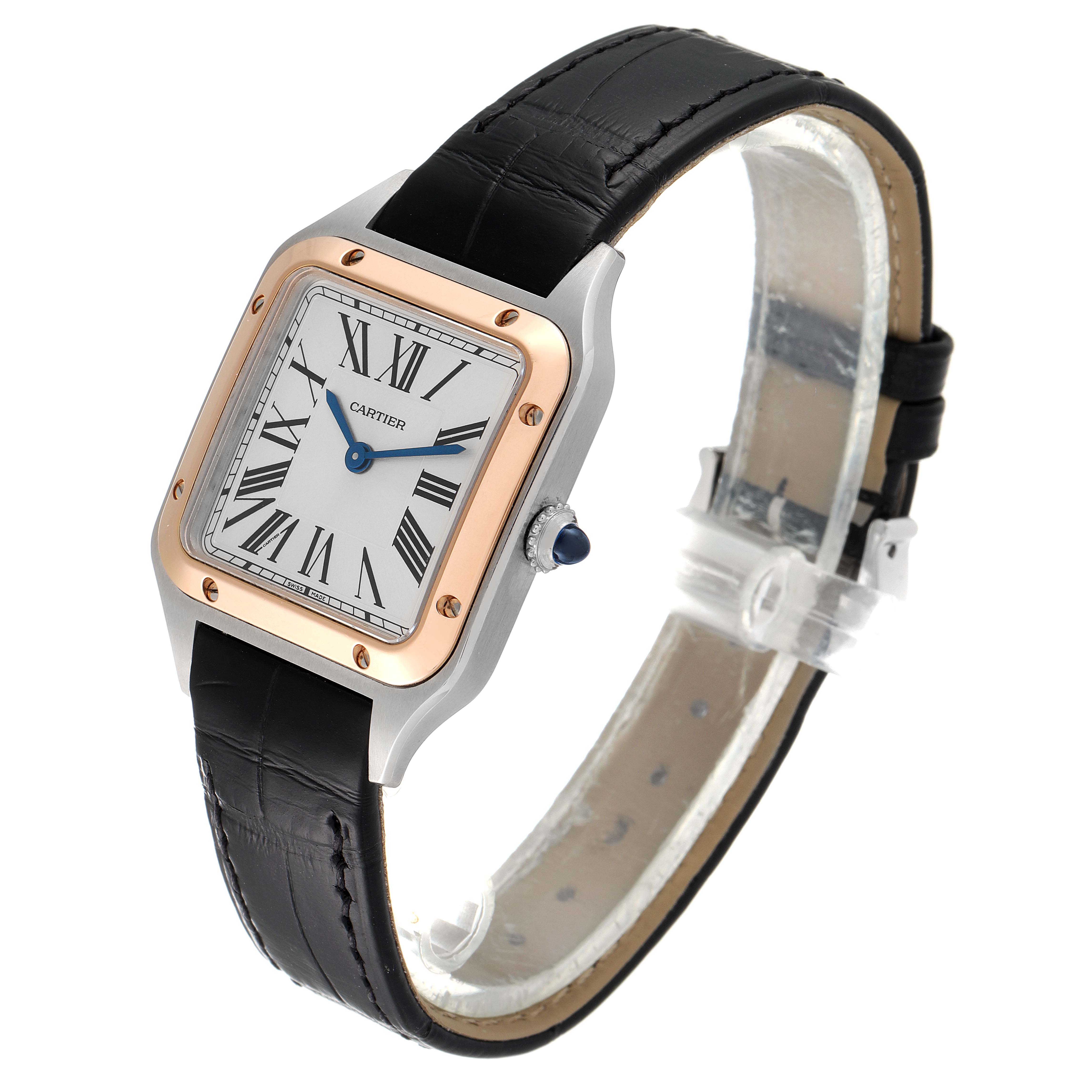 The Cartier Santos W2SA0012 Women's Steel and Gold (two tone) Silver Dial W2SA0012 Women's Steel and Gold (two tone) Silver Dial watch is shown at a three-quarter angle, displaying the face, bezel, and black leather strap.