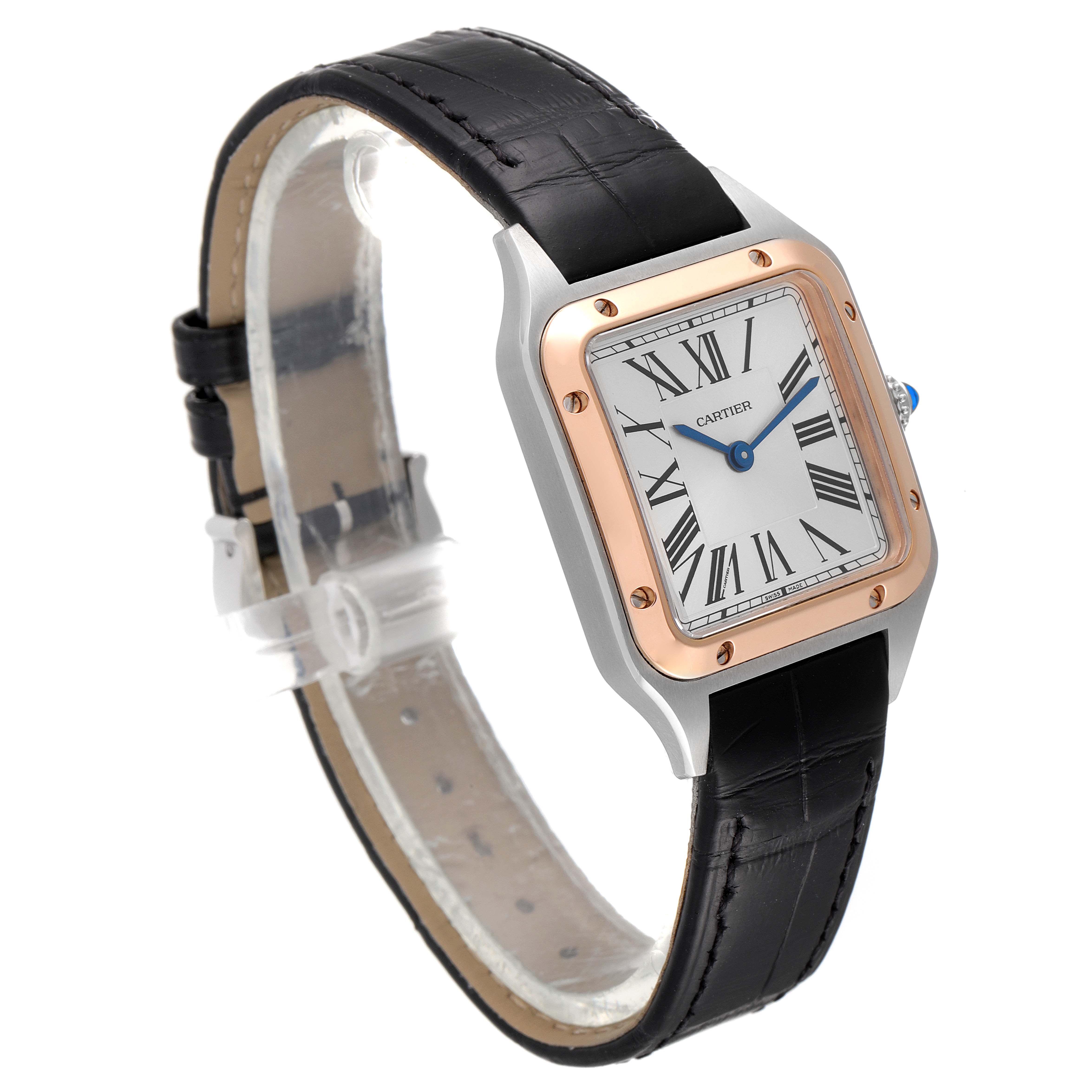The image shows a Cartier Santos W2SA0012 Women's Steel and Gold (two tone) Silver Dial W2SA0012 Women's Steel and Gold (two tone) Silver Dial watch at an angle, highlighting the face, bezel, and leather strap.