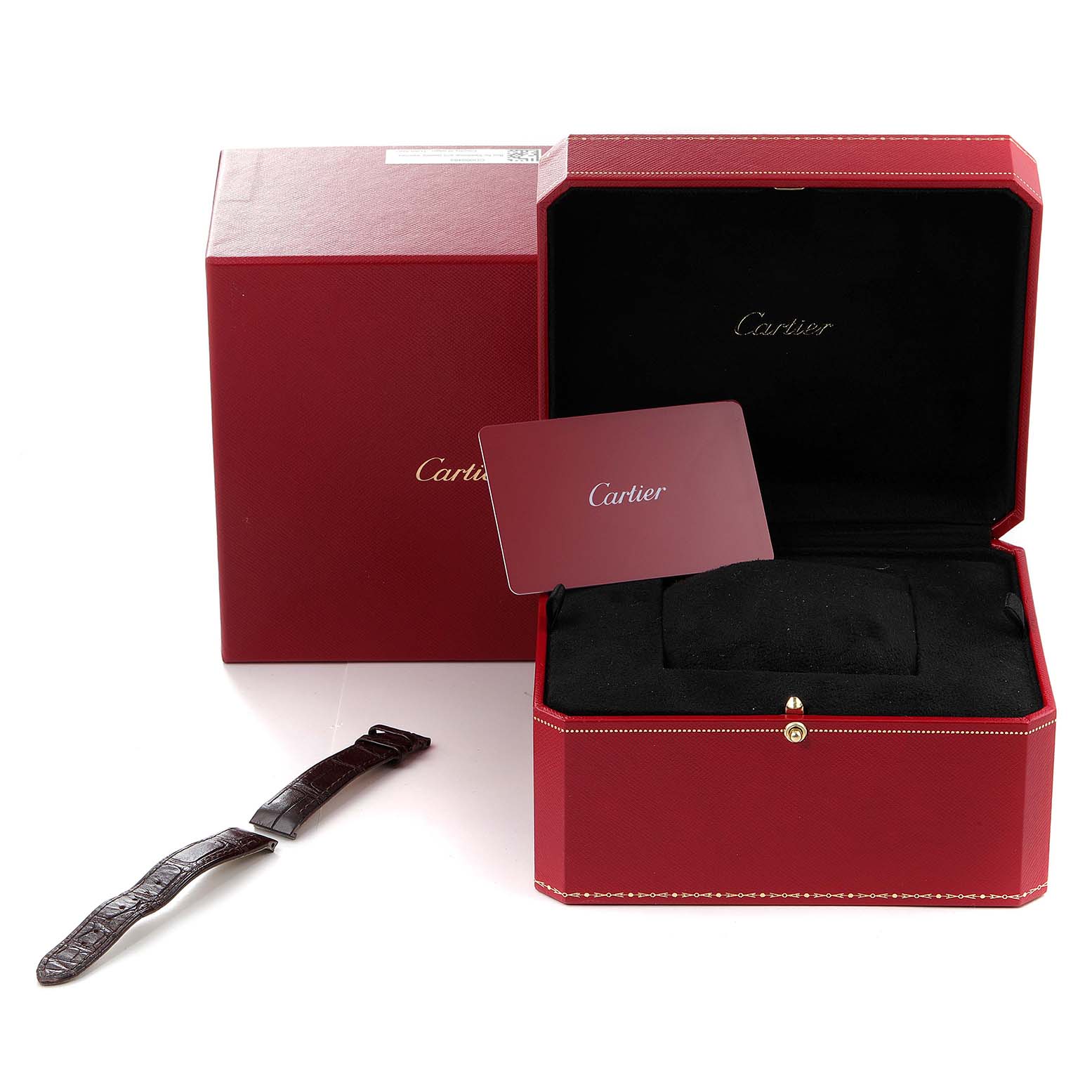 The image shows a Cartier Santos W2SA0012 Women's Steel and Gold (two tone) Silver Dial W2SA0012 Women's Steel and Gold (two tone) Silver Dial watch box, a card, and watch straps in an angled view.