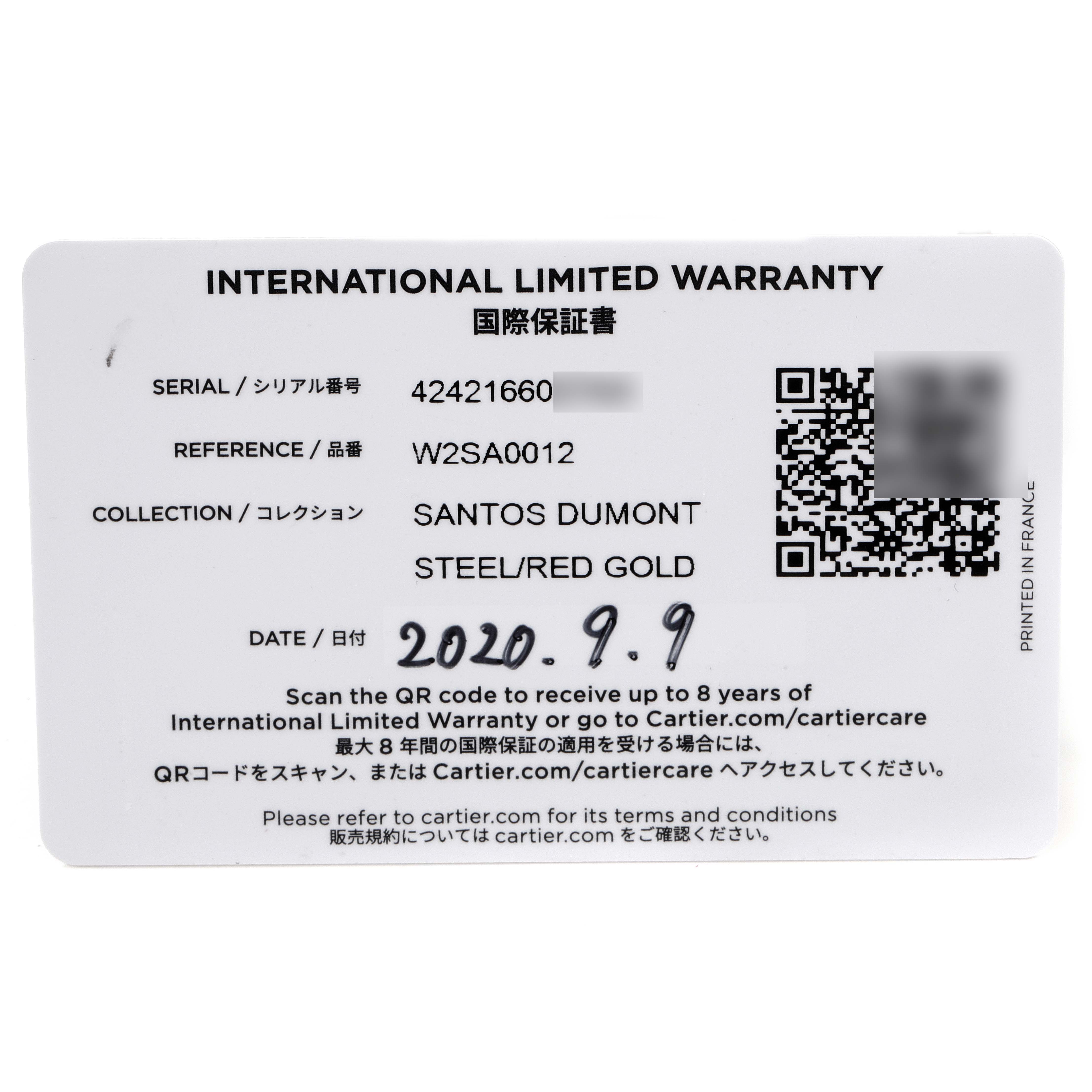 This is an International Limited Warranty card for the Santos Dumont model by Cartier.