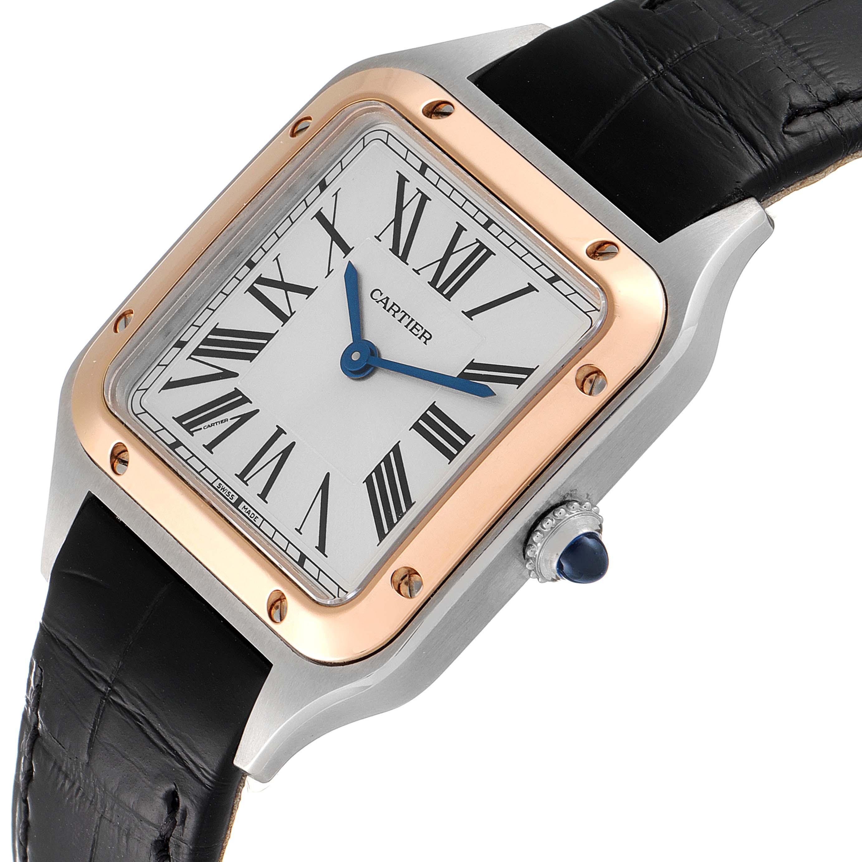 The image shows a Cartier Santos W2SA0012 Women's Steel and Gold (two tone) Silver Dial W2SA0012 Women's Steel and Gold (two tone) Silver Dial watch face at an angle, highlighting the bezel, crown, and black leather strap.