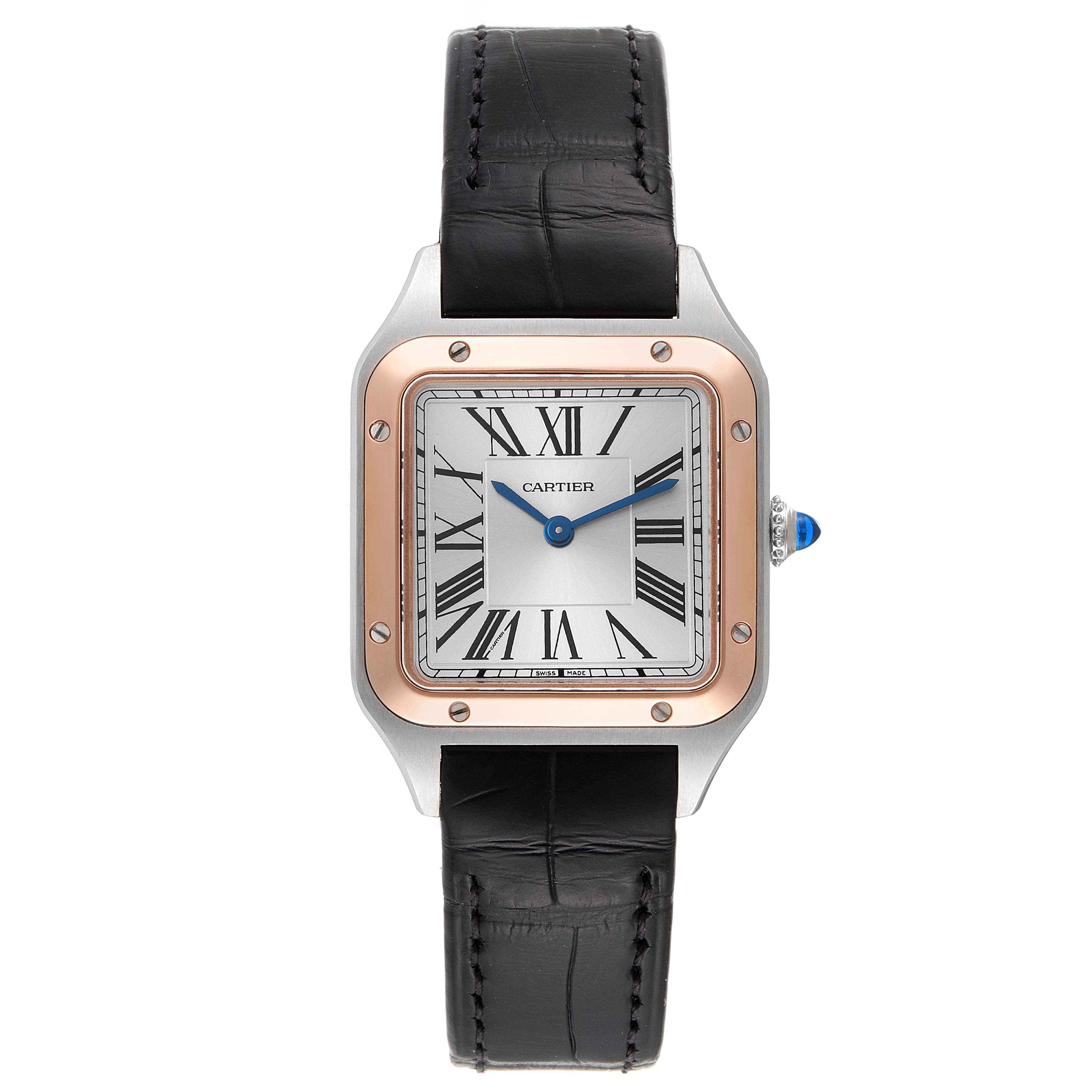 This image shows a front view of the Cartier Santos W2SA0012 Women's Steel and Gold (two tone) Silver Dial W2SA0012 Women's Steel and Gold (two tone) Silver Dial watch, highlighting its black leather strap, Roman numeral dial, and two-tone bezel.