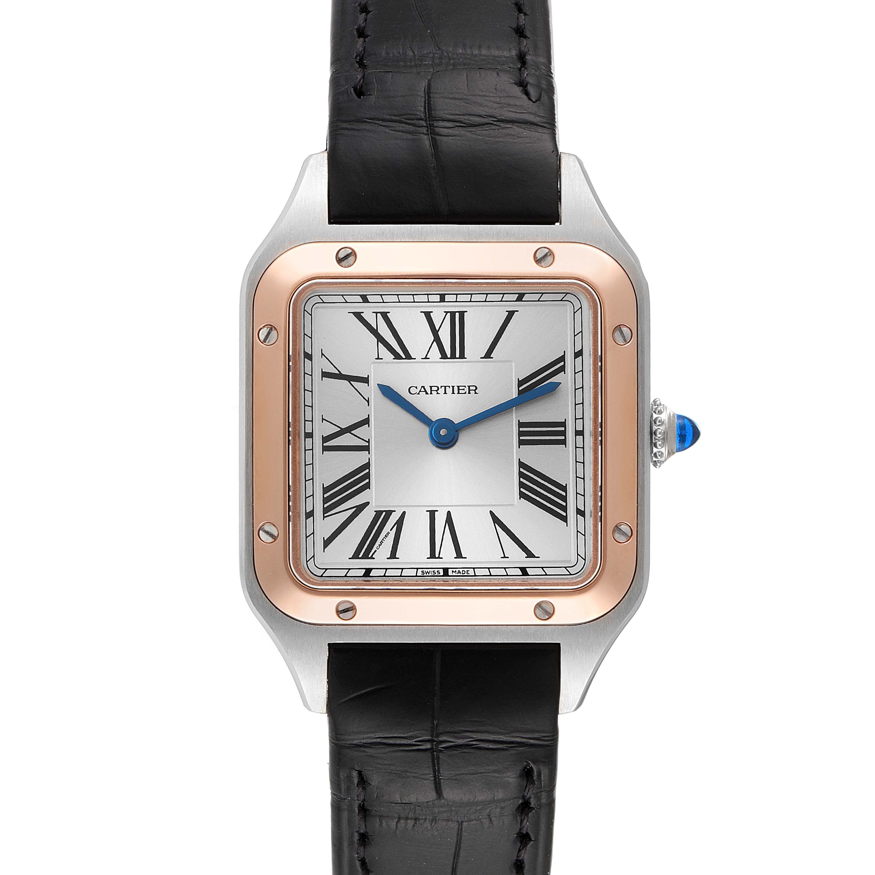 The image shows a top view of the Cartier Santos W2SA0012 Women's Steel and Gold (two tone) Silver Dial W2SA0012 Women's Steel and Gold (two tone) Silver Dial watch featuring a silver dial, black leather strap, and gold bezel.
