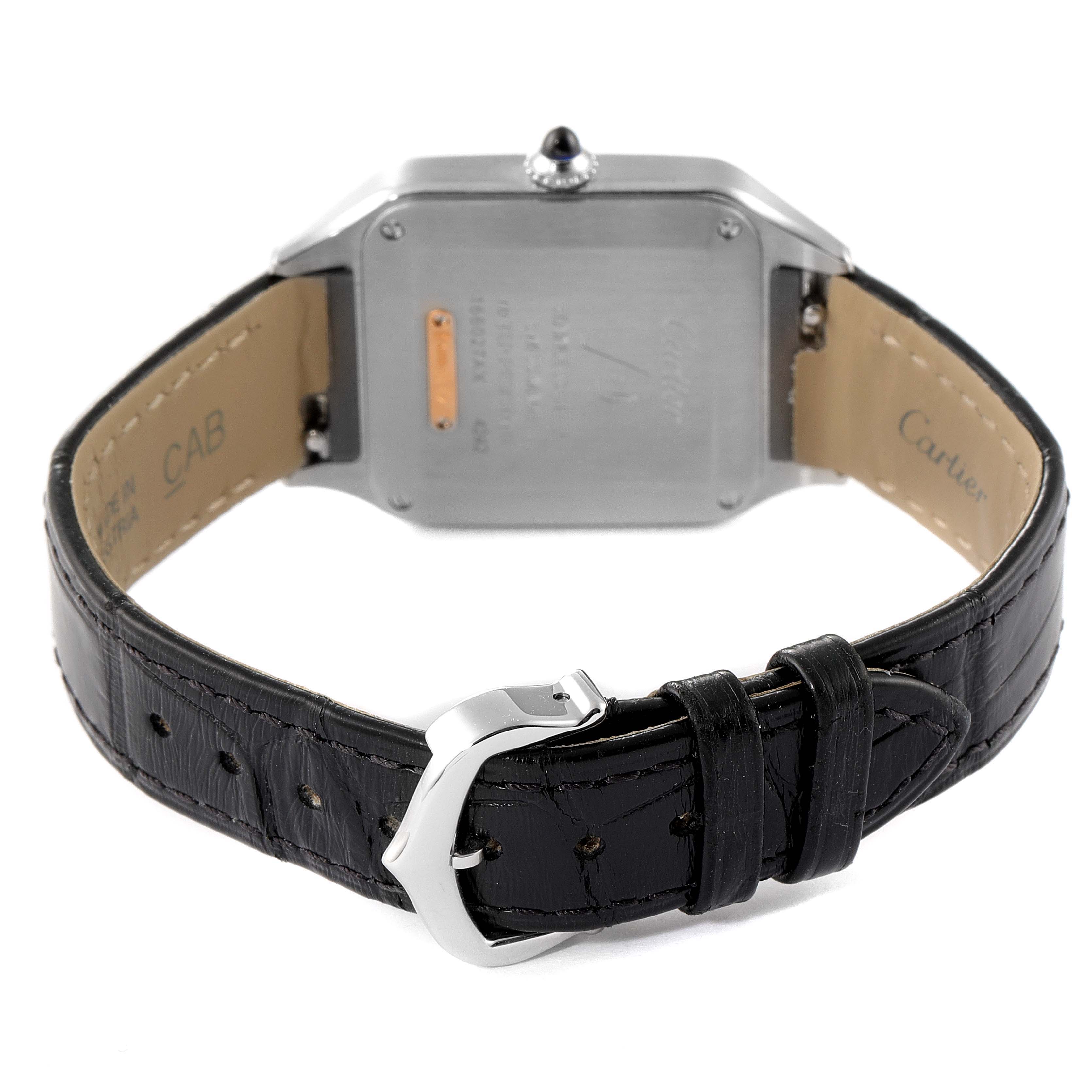 The image shows the back of a Cartier Santos W2SA0012 Women's Steel and Gold (two tone) Silver Dial W2SA0012 Women's Steel and Gold (two tone) Silver Dial watch, highlighting the case back and black leather strap with buckle.