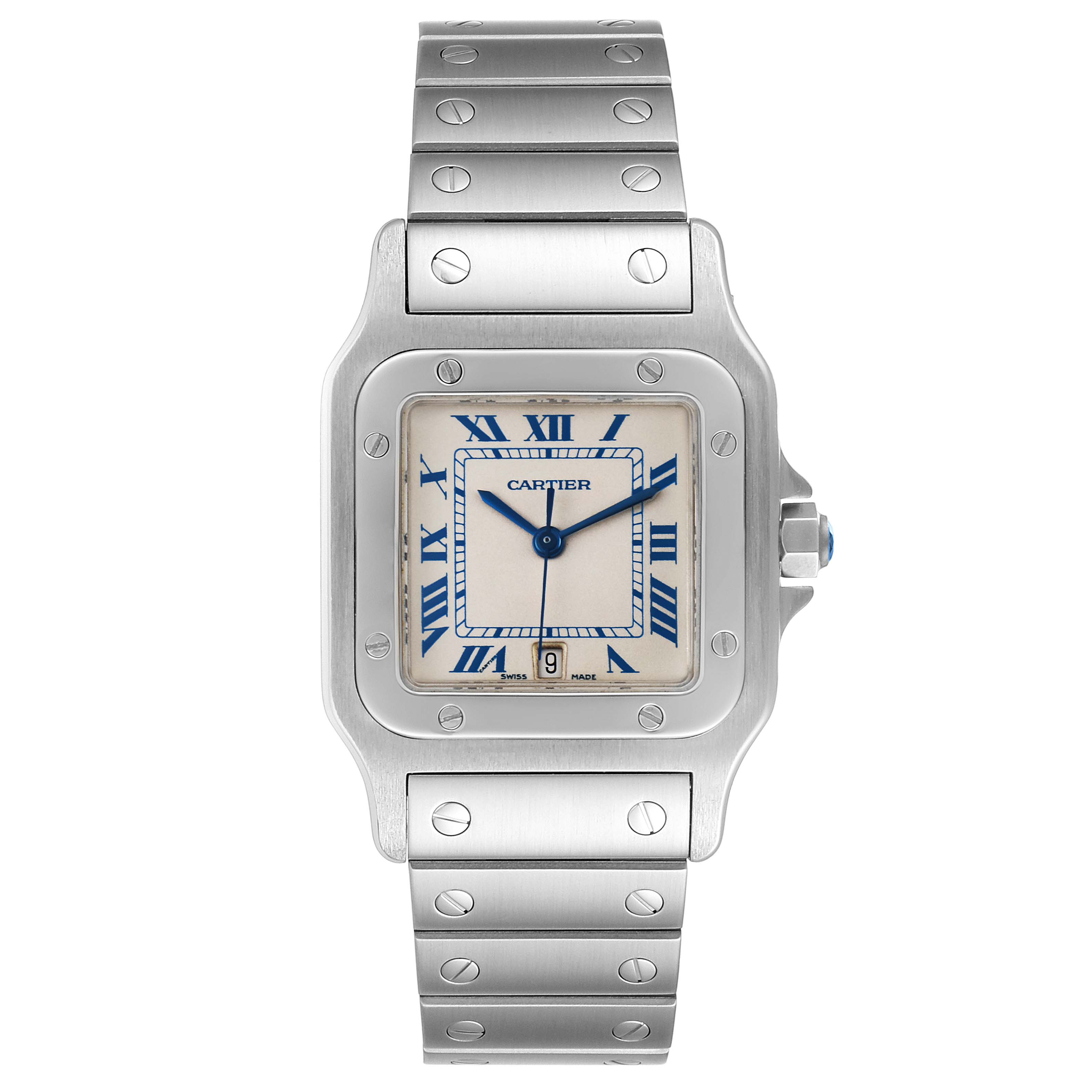 The image shows a front view of a Santos model by Cartier, highlighting the dial, bezel, and bracelet.
