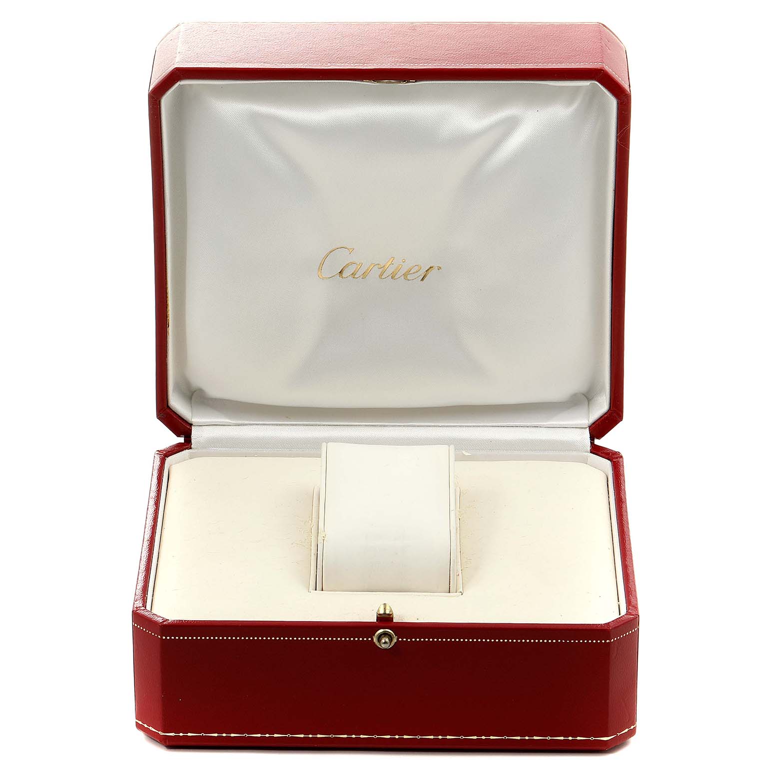 This image shows an open Cartier watch box for the Santos model, displaying the interior with a cushioned watch holder.