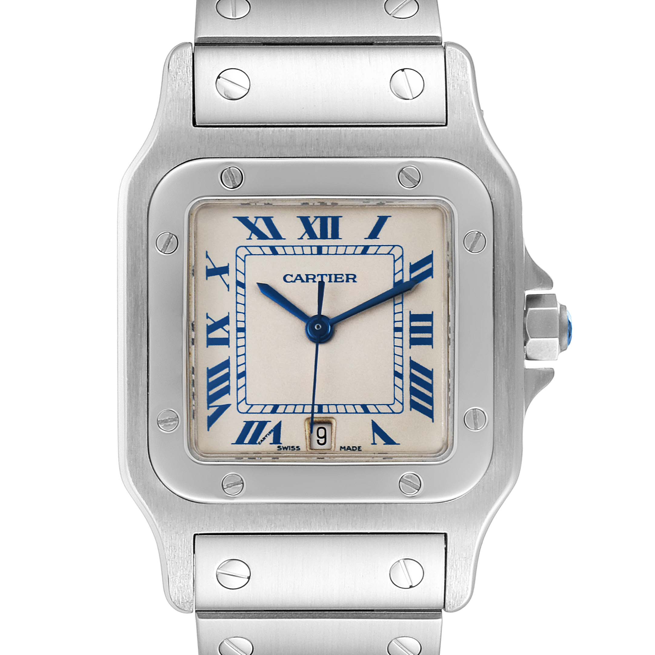 This image shows a close-up of the Cartier Santos W20060D6 Men
s Stainless Steel Silver Dial W20060D6 Men
s Stainless Steel Silver Dial watch face and part of the bracelet, highlighting the Roman numerals and date window.