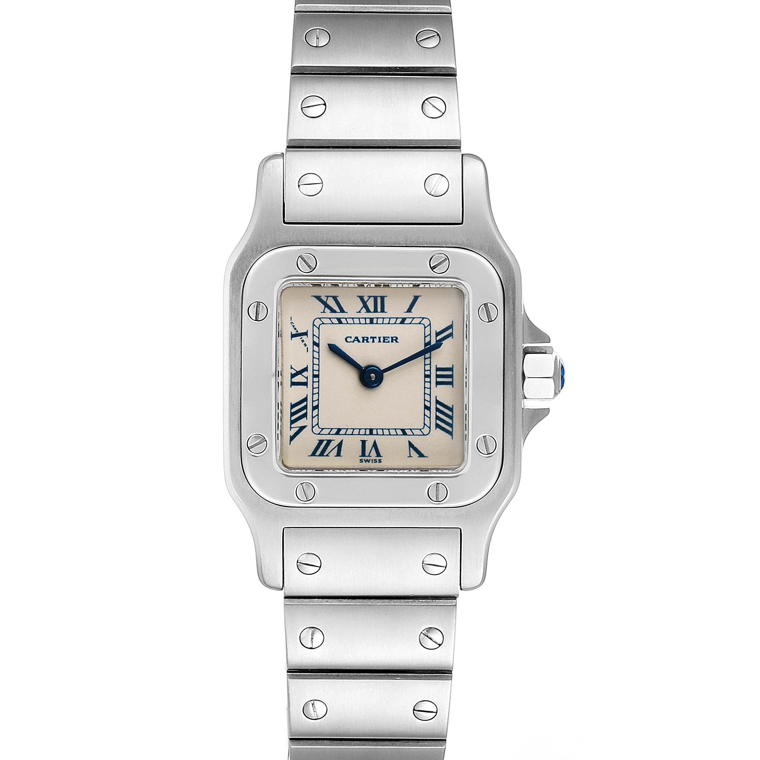 The image shows a front view of the Cartier Santos W20056D6 Women's Stainless Steel Silver Dial W20056D6 Women's Stainless Steel Silver Dial watch, highlighting its face, bezel, and part of the bracelet.