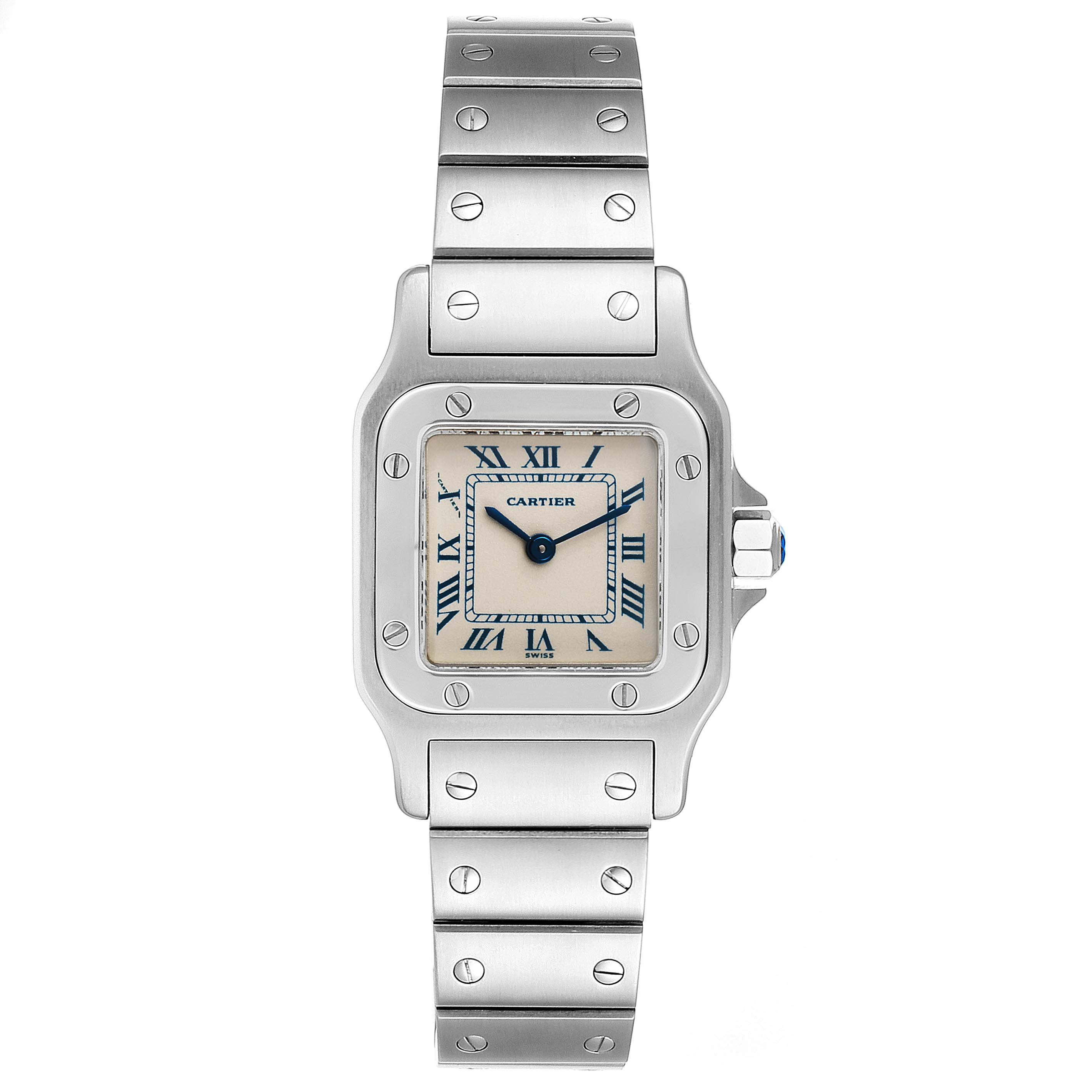 The image shows a frontal view of the Cartier Santos W20056D6 Women's Stainless Steel Silver Dial W20056D6 Women's Stainless Steel Silver Dial watch, displaying its face, bezel, and bracelet.