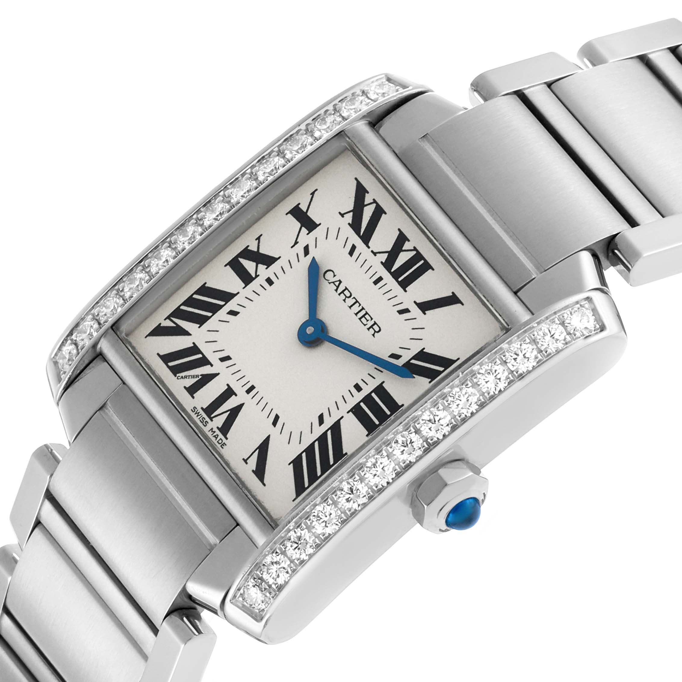 The Cartier Tank Francaise W4TA0009 Women's Stainless Steel Silver Dial is shown at an angle highlighting the diamond-set bezel, blue hands, and bracelet.