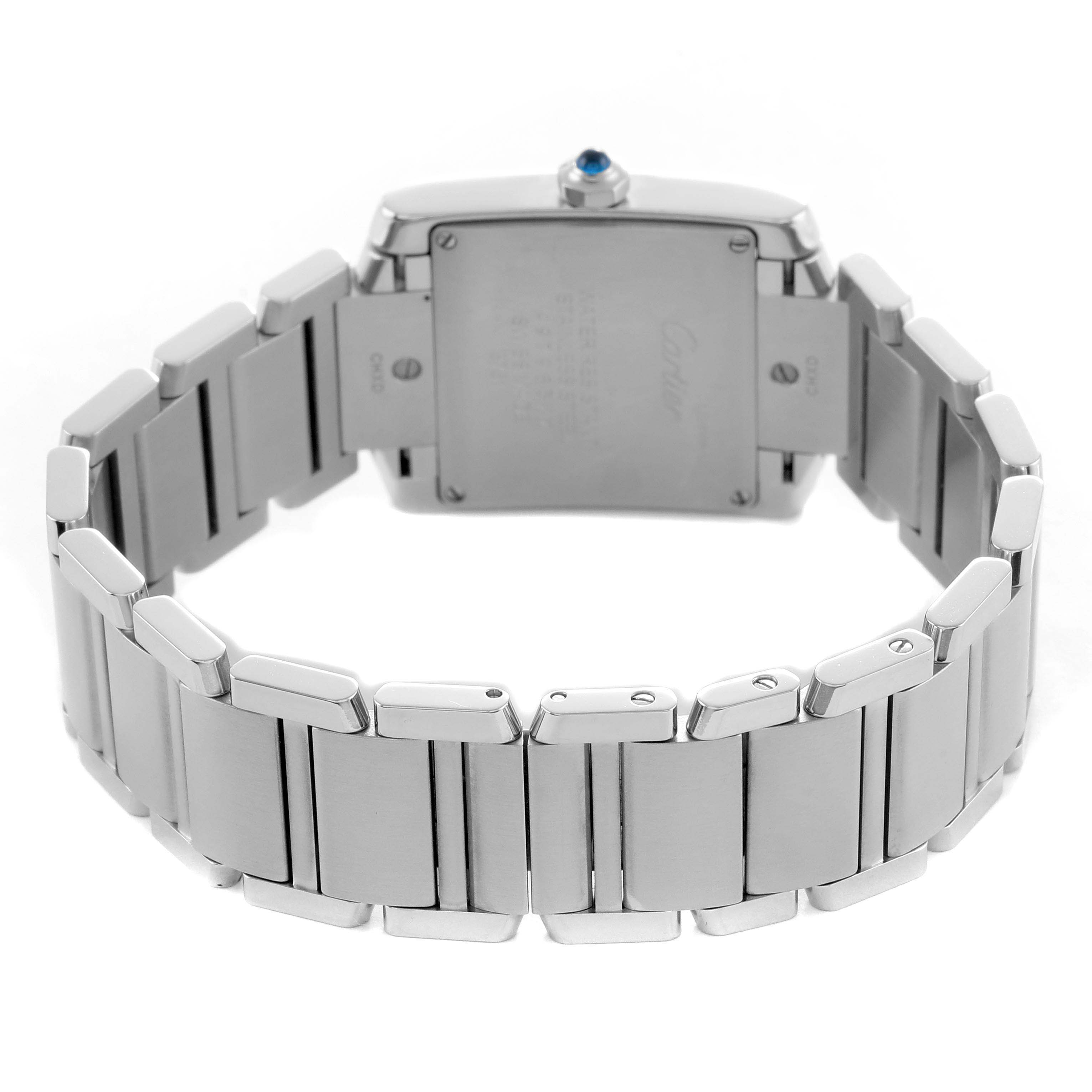 The Cartier Tank Francaise W4TA0009 Women's Stainless Steel Silver Dial watch is shown from the back, highlighting the bracelet and case back.