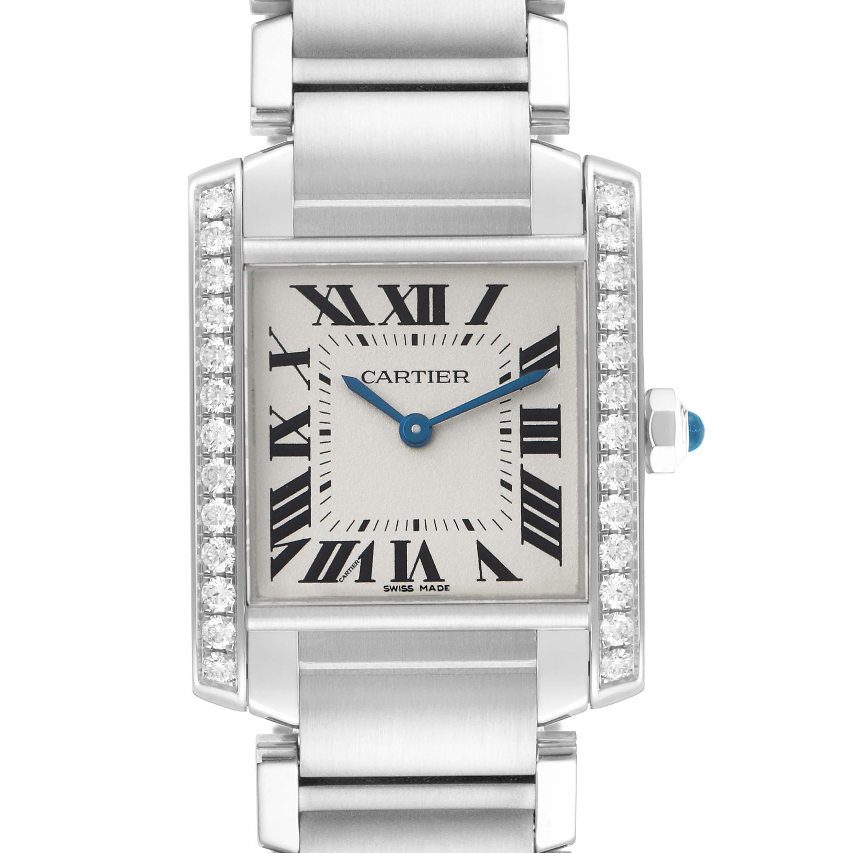 The Cartier Tank Française watch is shown from a front angle featuring its face, Roman numerals, and stainless steel bracelet.