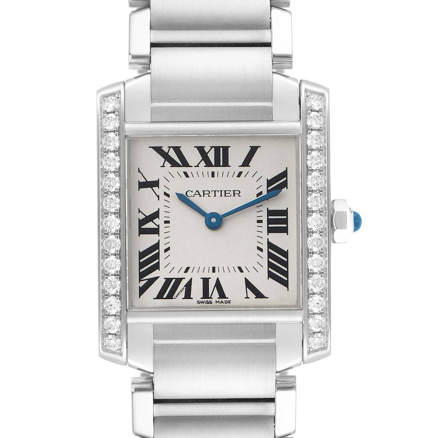 The Cartier Tank Française watch is shown from a front angle featuring its face, Roman numerals, and stainless steel bracelet.