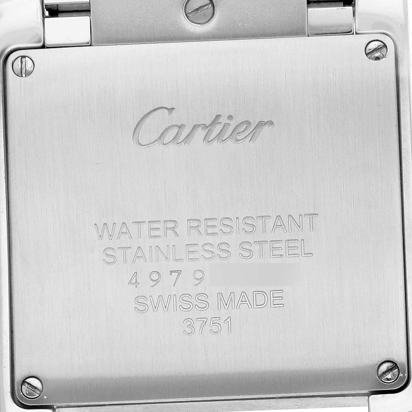 The image shows the back case of a Cartier Tank Française watch, highlighting engravings and screws.