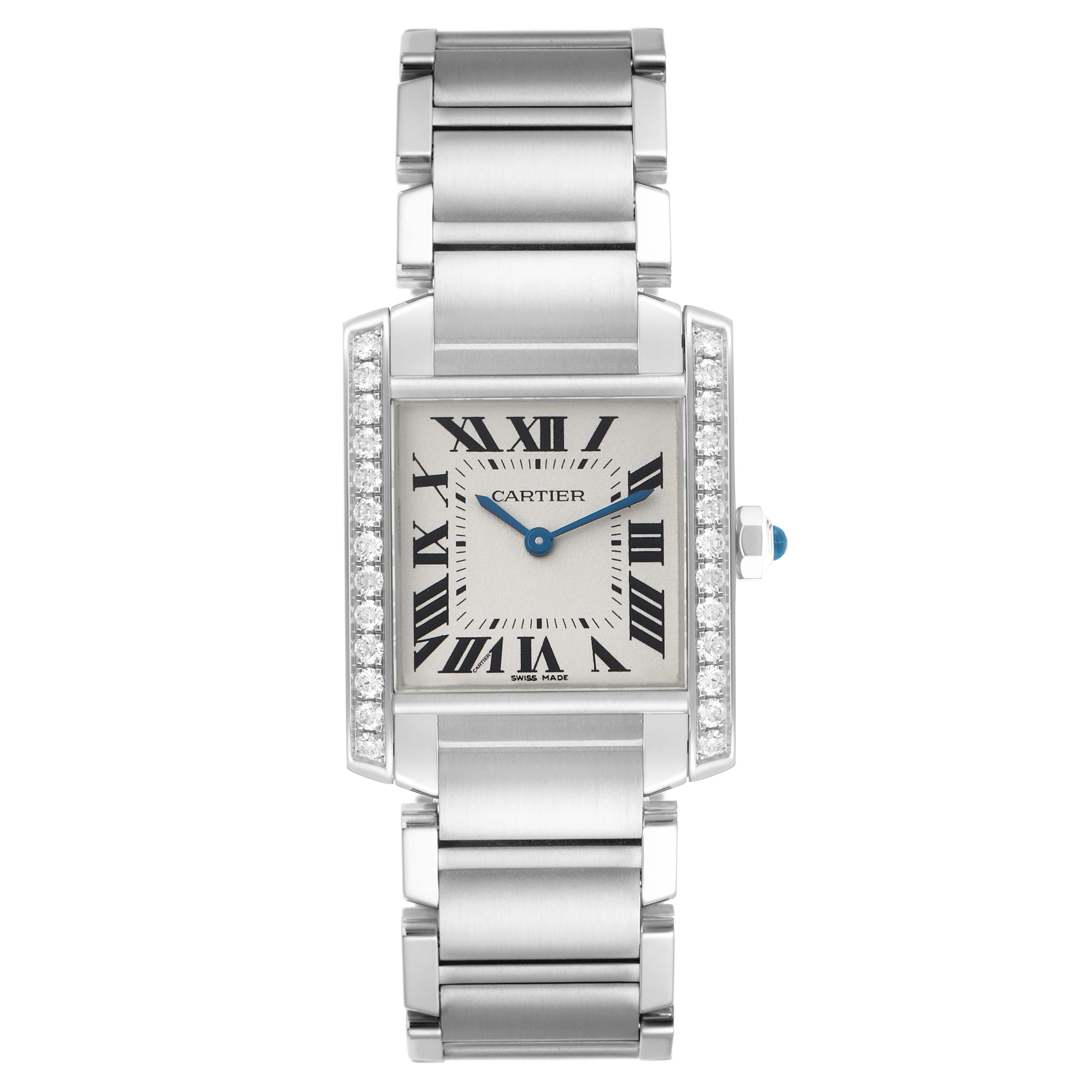 This Cartier Tank Française watch is shown from a front angle, highlighting its rectangular face, Roman numerals, and metal bracelet.