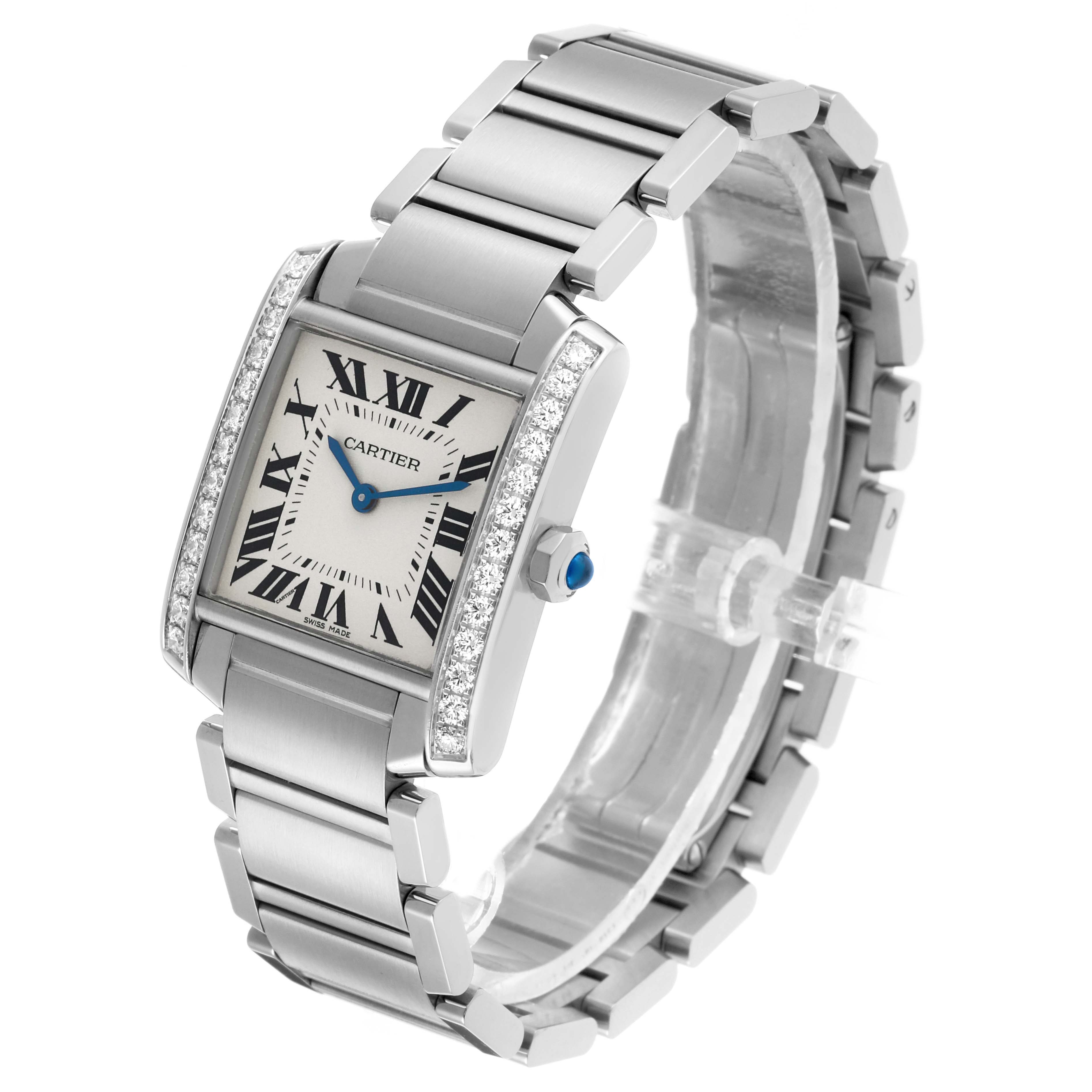 The Cartier Tank Francaise W4TA0009 Women's Stainless Steel Silver Dial watch is shown at a side angle, highlighting its rectangular face, Roman numerals, and metal bracelet.