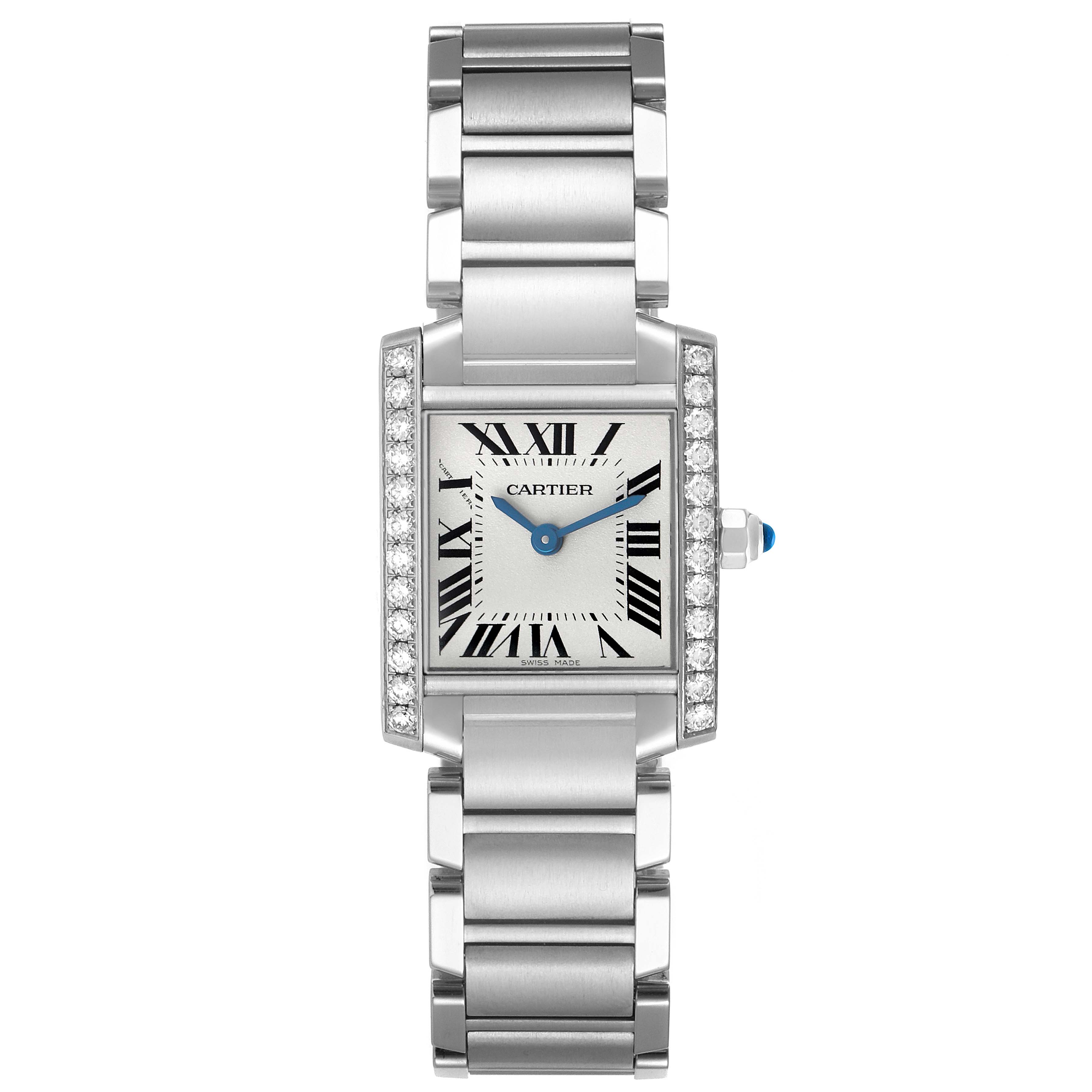 The Cartier Tank Française watch is shown from a top-down angle, highlighting its face, bracelet, and diamond accents.