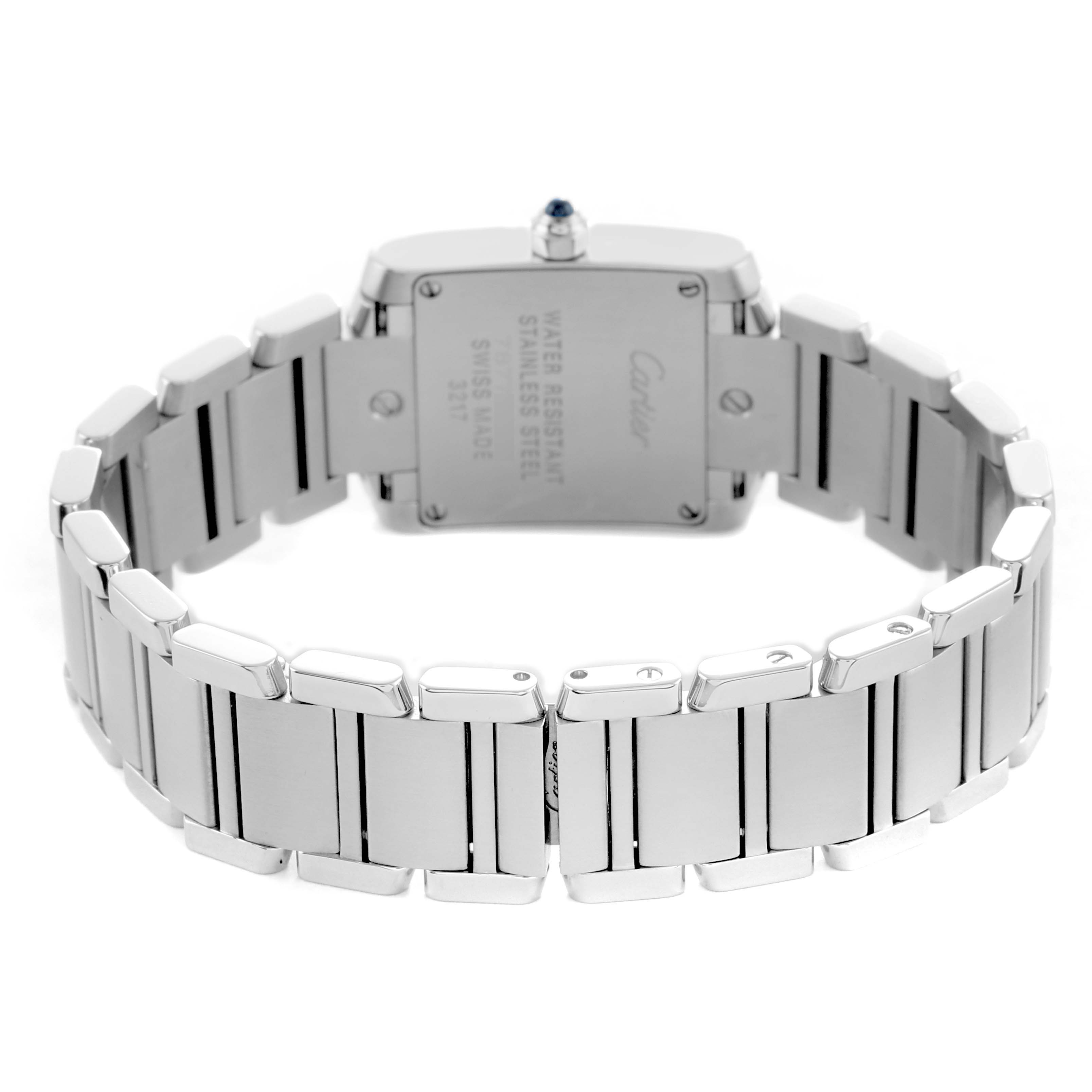 The image shows the back and band of a Cartier Tank Francaise W4TA0008 Women's Stainless Steel Silver Dial watch from a rear angle.