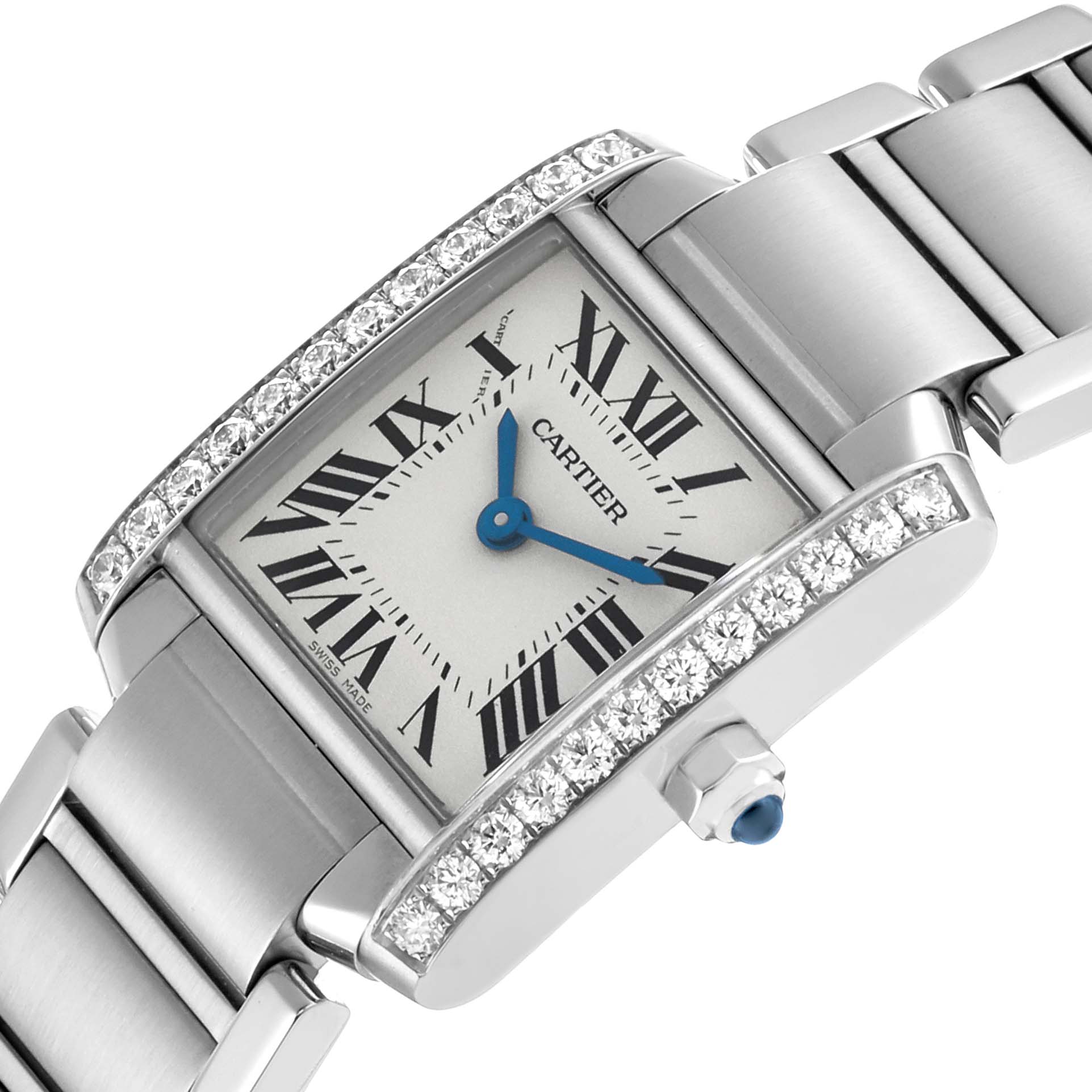 The Cartier Tank Francaise W4TA0008 Women's Stainless Steel Silver Dial watch is shown from a top angle, displaying its face, blue hands, Roman numerals, and diamond-set bezel.