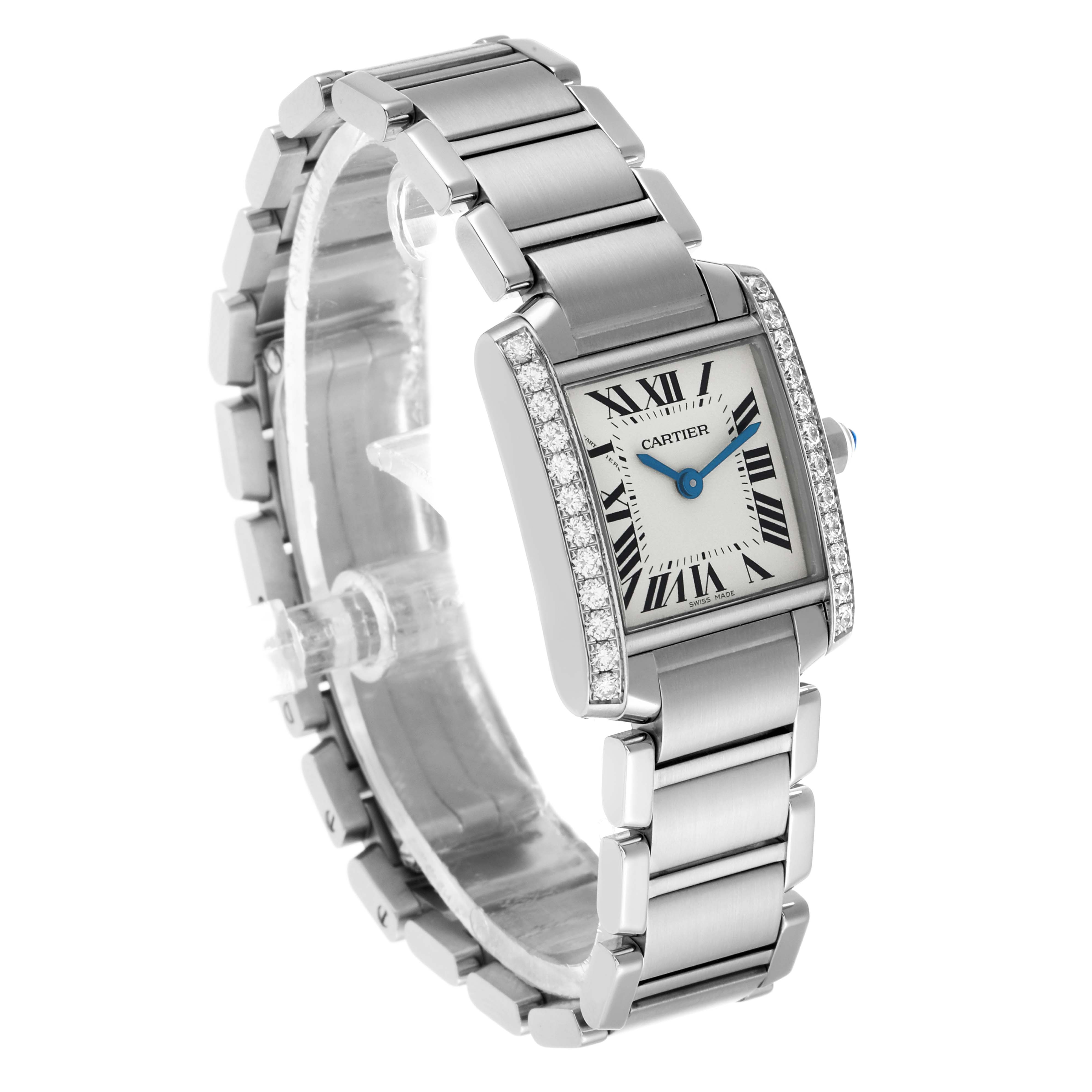 The Cartier Tank Francaise W4TA0008 Women's Stainless Steel Silver Dial watch is shown at an angle, displaying the face, bezel, crown, and bracelet.