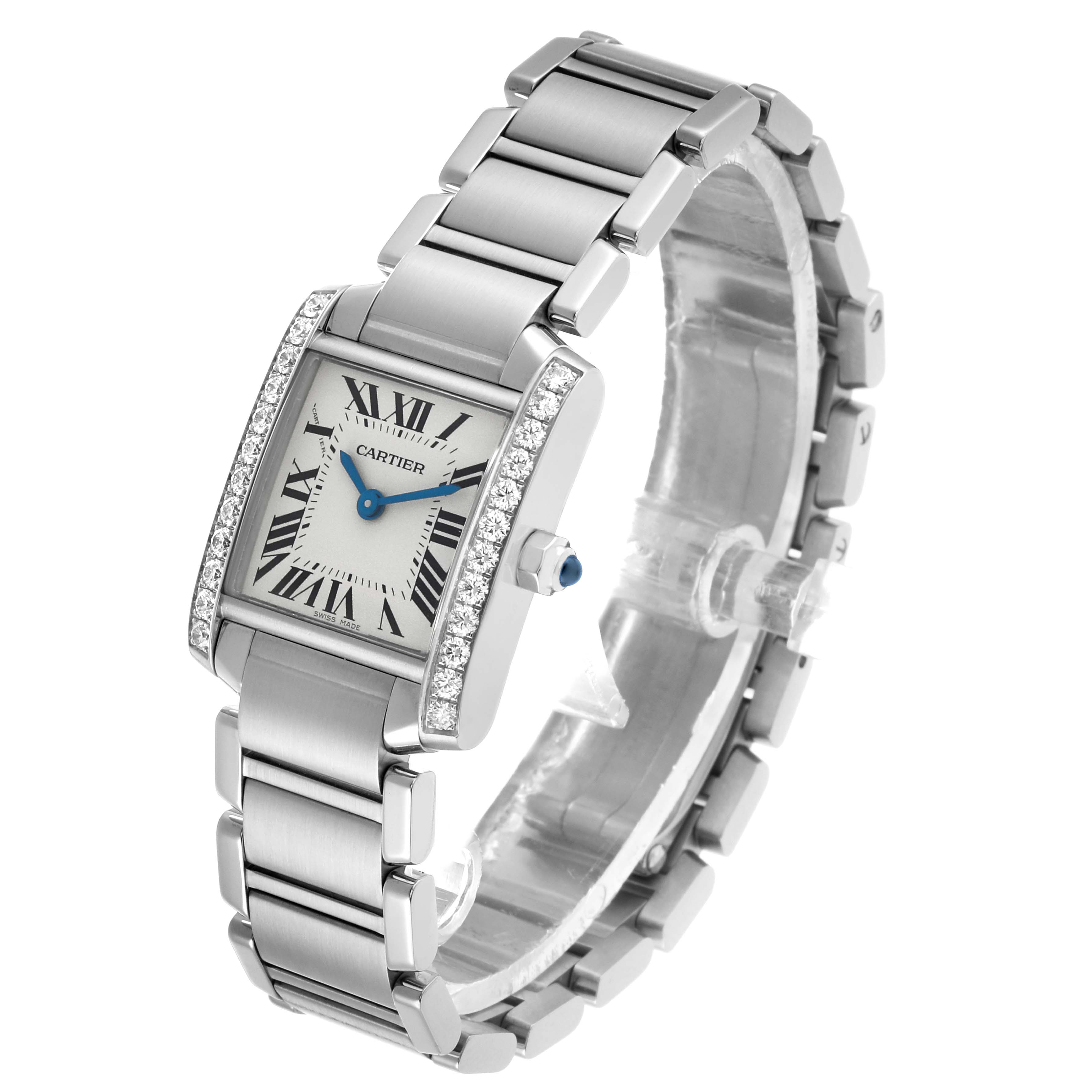 The Cartier Tank Française watch is shown at a three-quarter angle, displaying its rectangular face, diamond-set bezel, and metal bracelet.