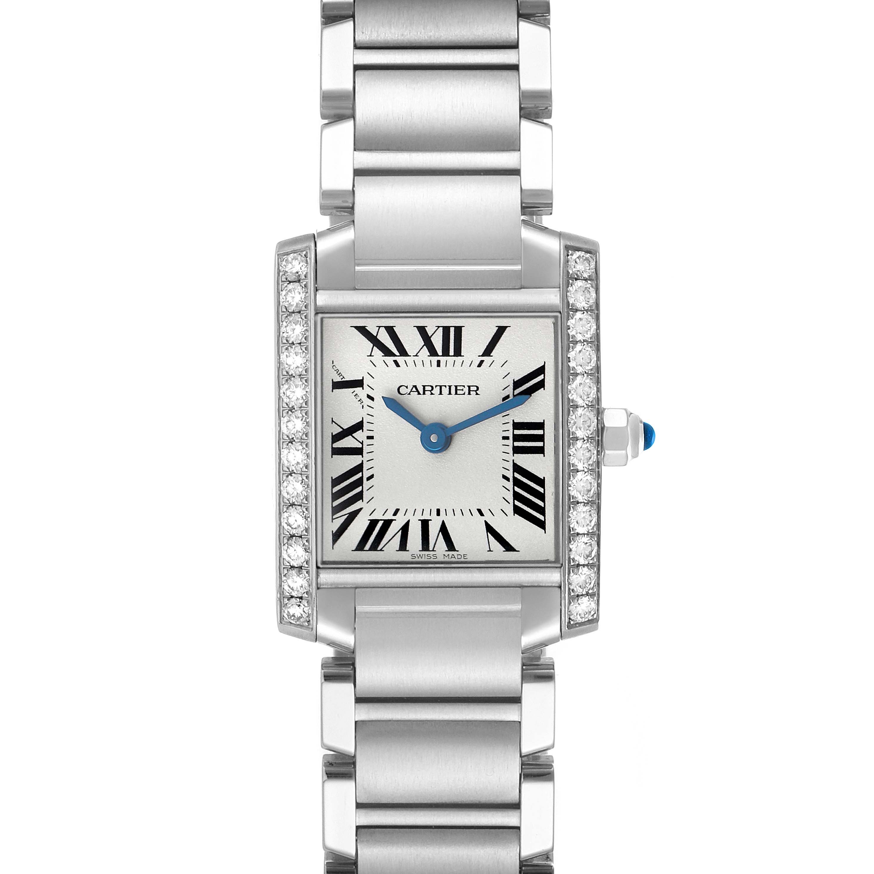 The Cartier Tank Francaise W4TA0008 Women's Stainless Steel Silver Dial watch is shown from the front, displaying the face, bracelet, and diamond-set bezel.