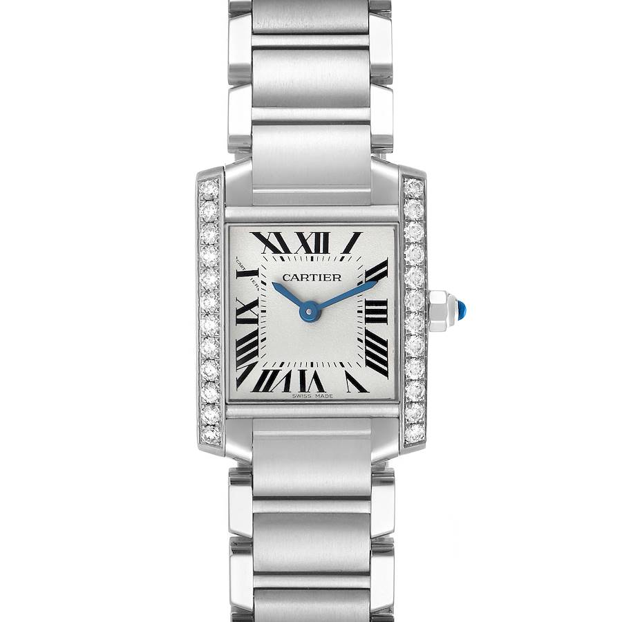 The Cartier Tank Francaise W4TA0008 Women's Stainless Steel Silver Dial watch is shown from the front, displaying the face, bracelet, and diamond-set bezel.