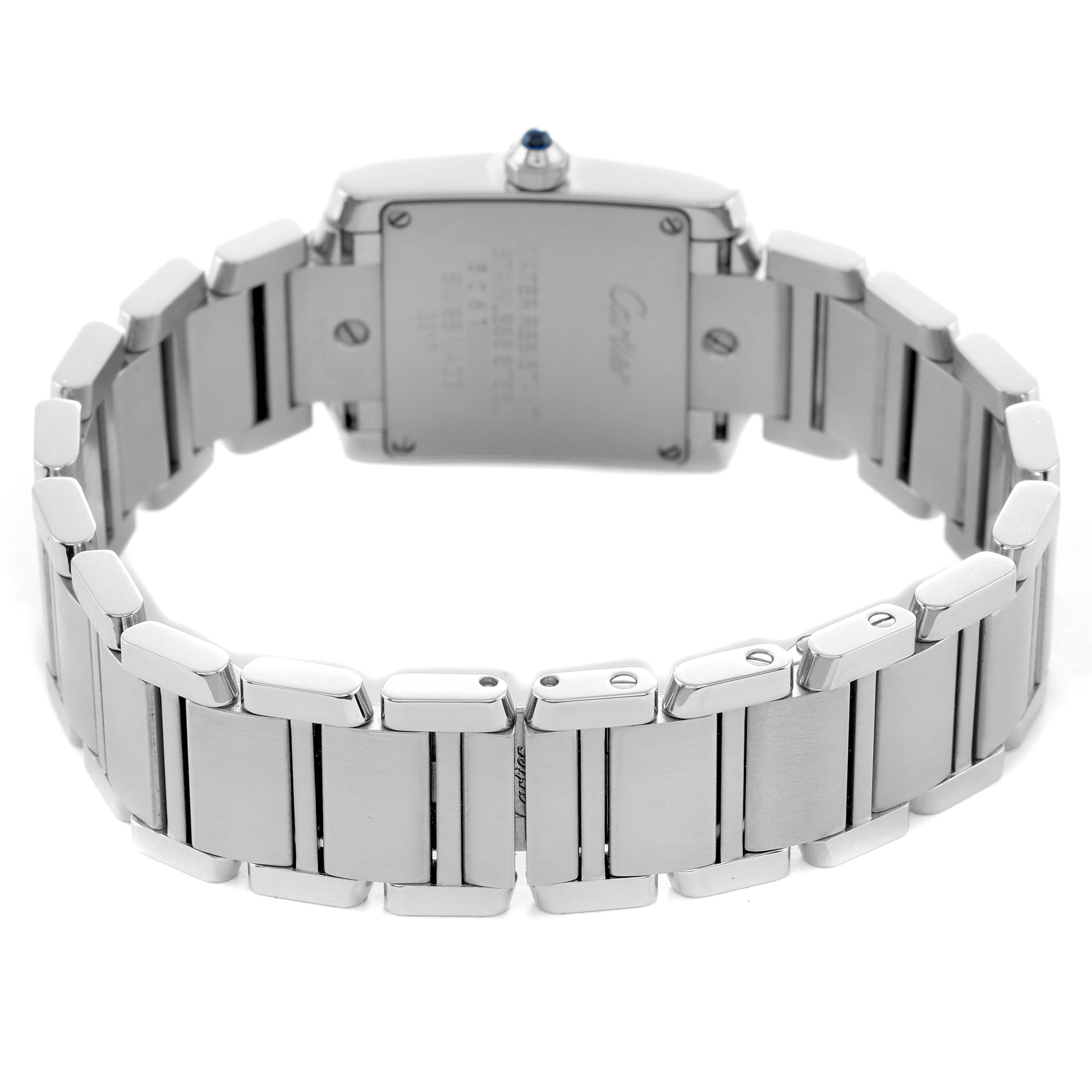 The image shows the back view of a Cartier Tank Française watch, focusing on the bracelet and case back.